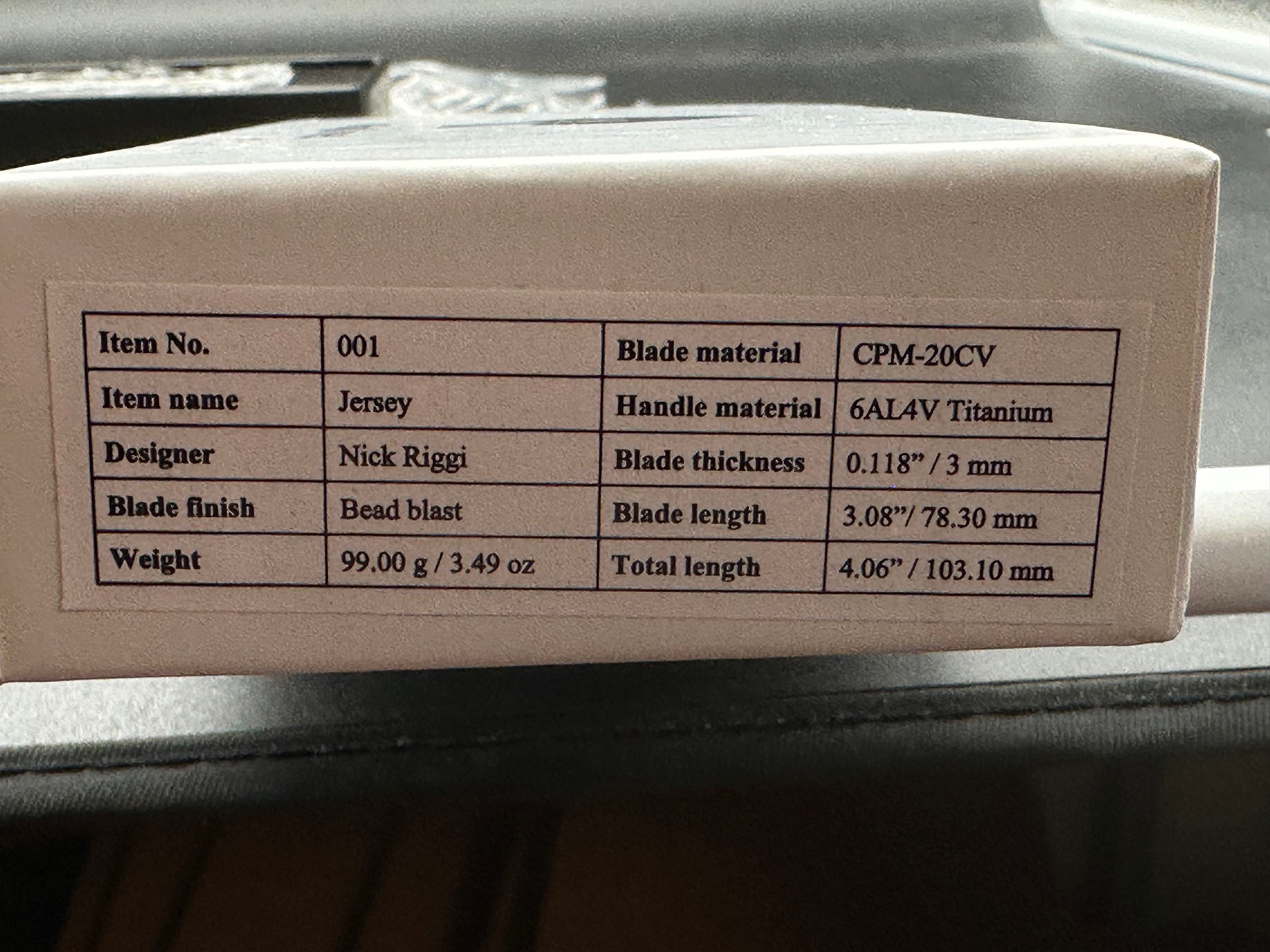 NRiggi Knives "JERSEY" Laser Engraved Wave Titanium Scales w/CPM 20CV bead blast blade