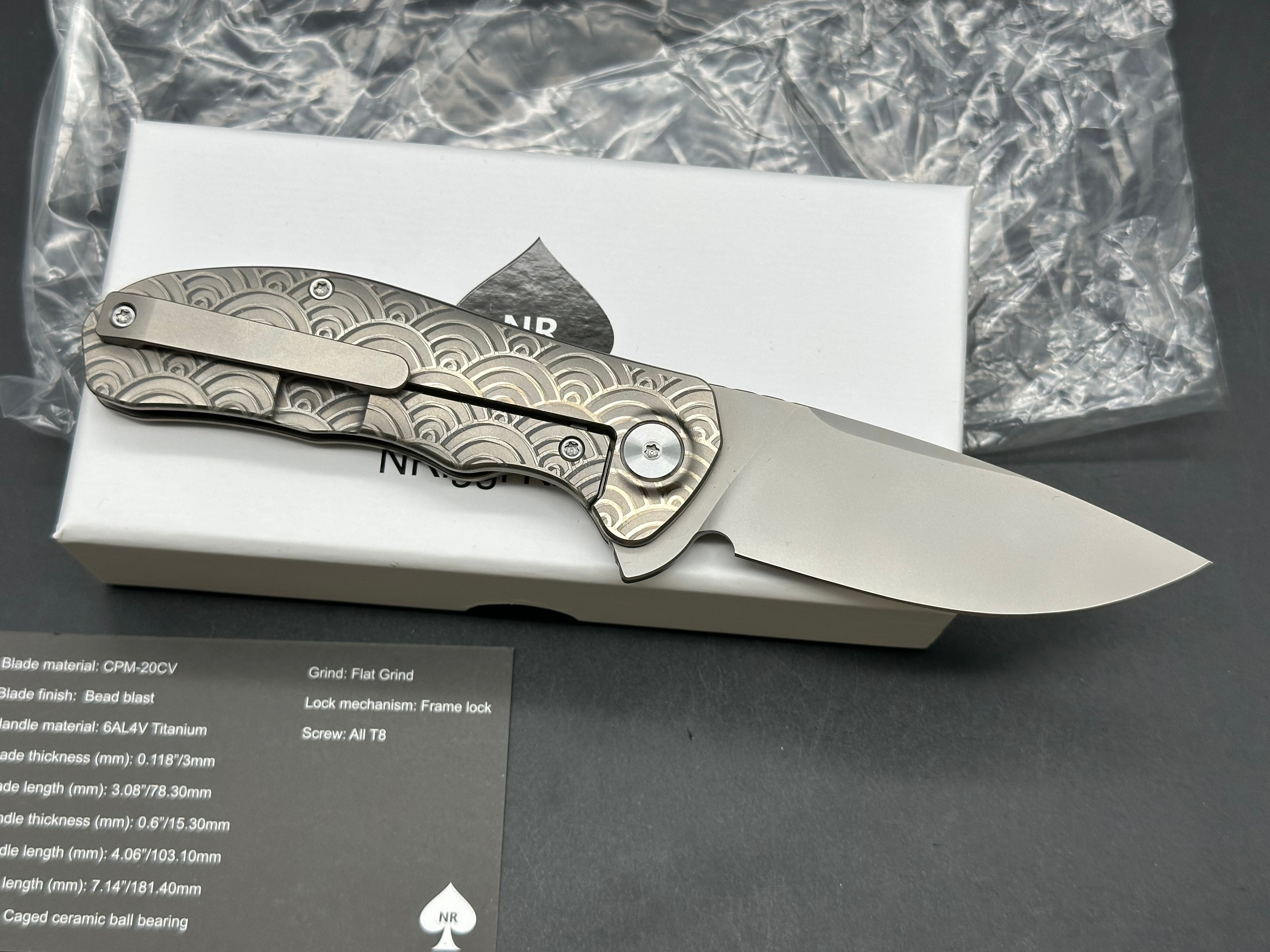 NRiggi Knives "JERSEY" Laser Engraved Wave Titanium Scales w/CPM 20CV bead blast blade