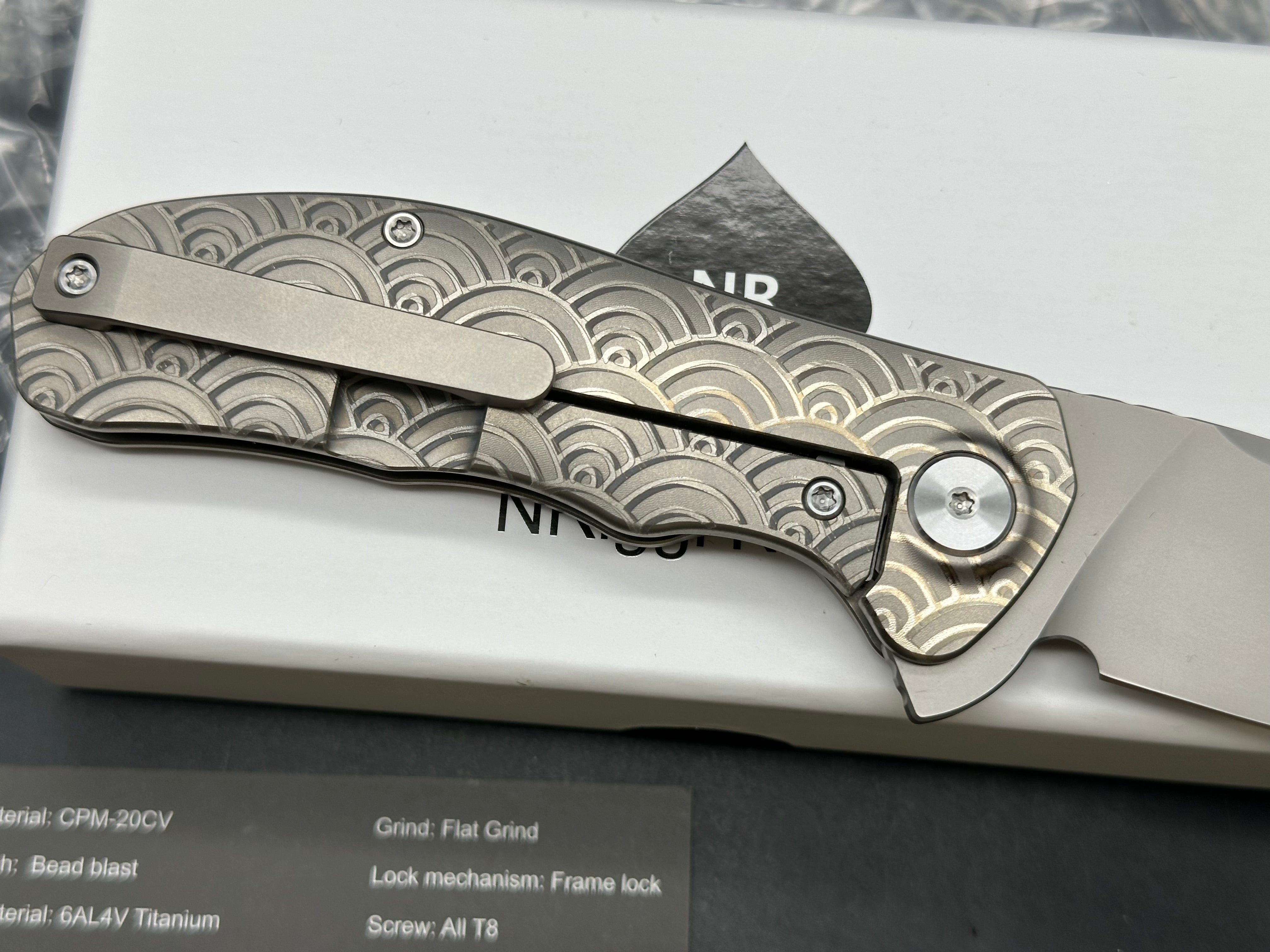 NRiggi Knives "JERSEY" Laser Engraved Wave Titanium Scales w/CPM 20CV bead blast blade