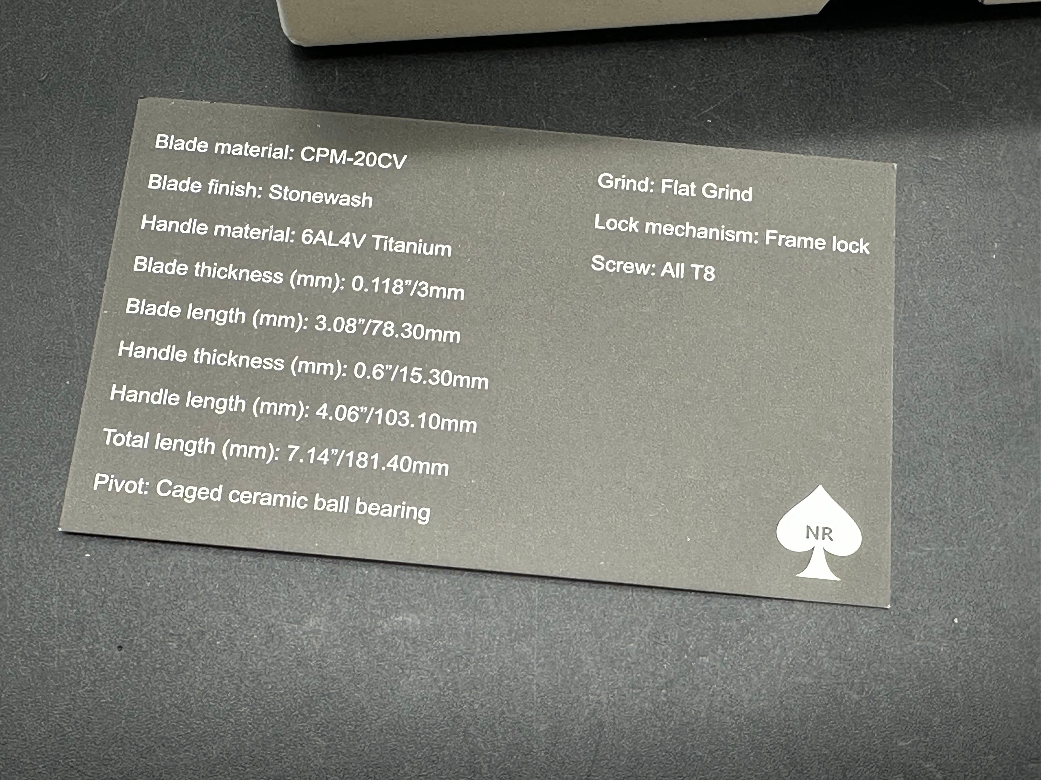 NRiggi Knives "JERSEY" Laser Engraved Titanium Scales w/CPM 20CV stonewash blade