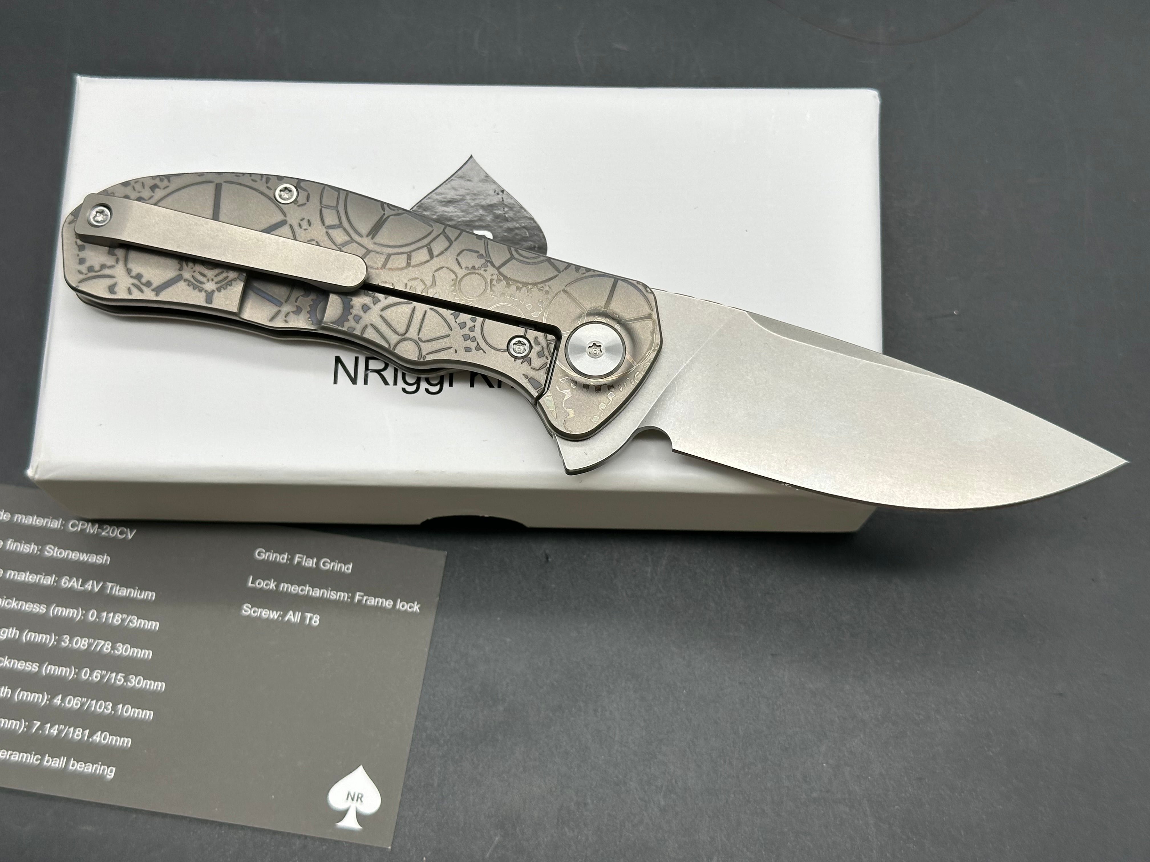 NRiggi Knives "JERSEY" Laser Engraved Titanium Scales w/CPM 20CV stonewash blade