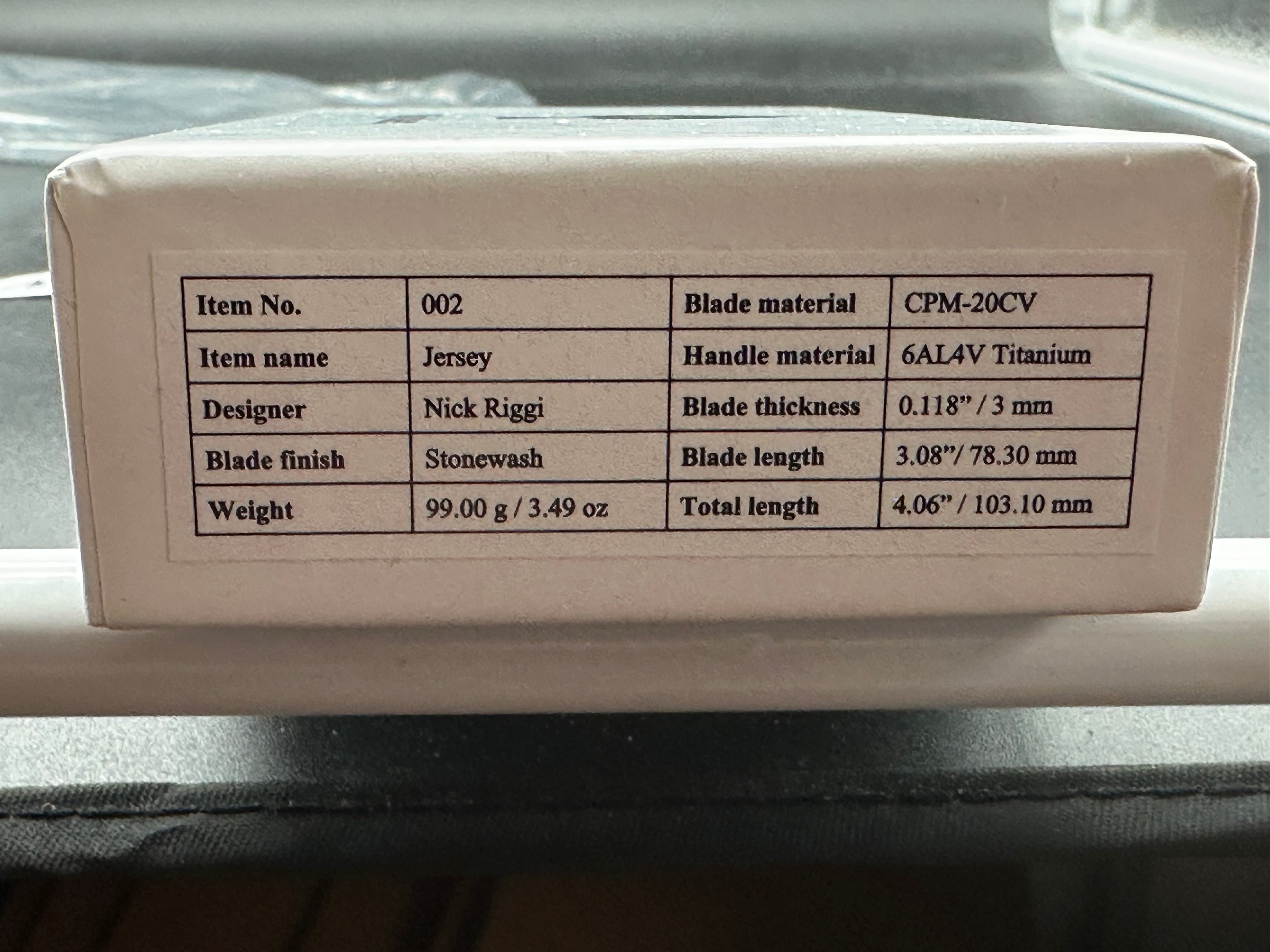 NRiggi Knives "JERSEY" Laser Engraved Titanium Scales w/CPM 20CV stonewash blade