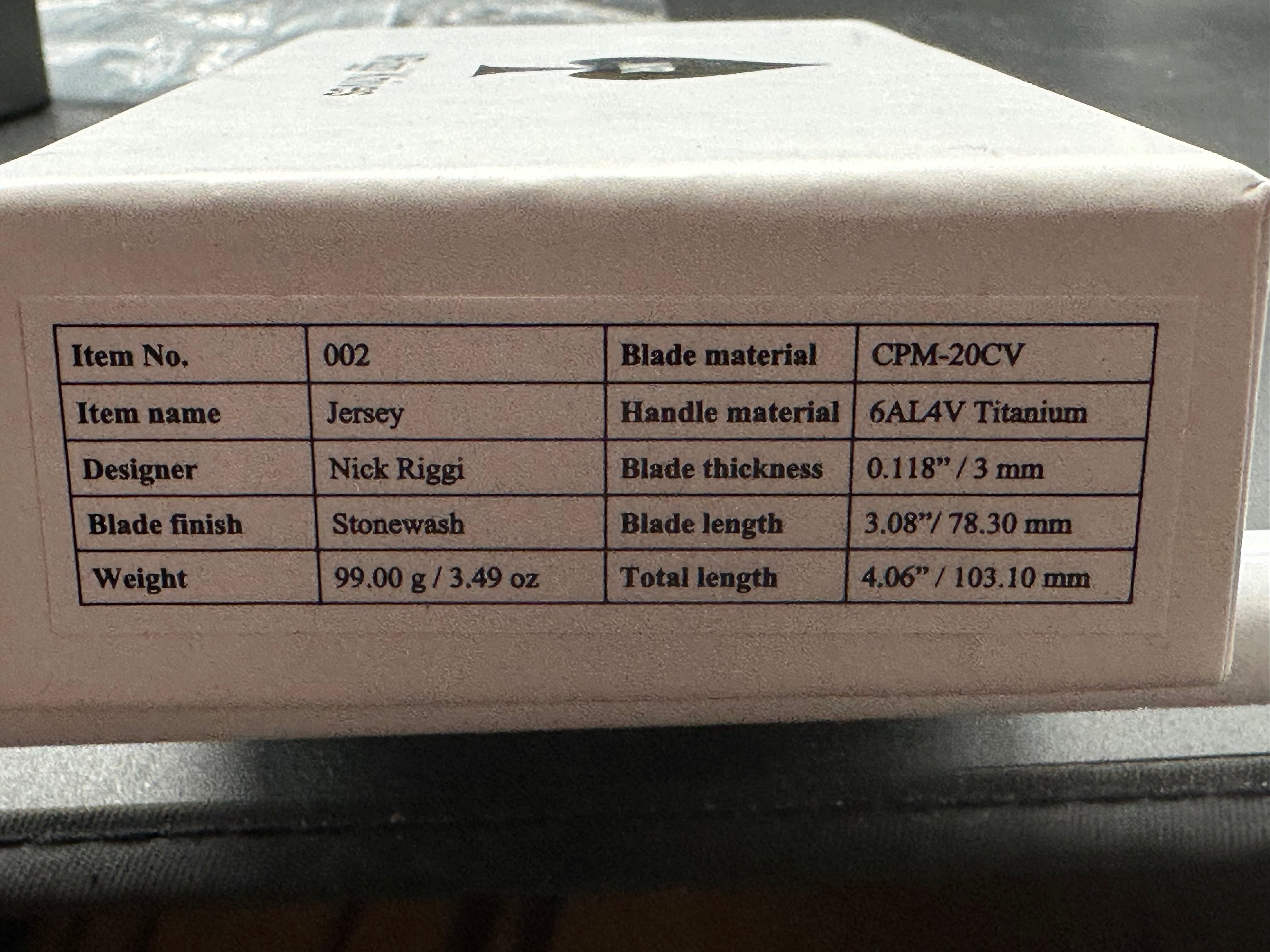 NRiggi Knives "JERSEY" Laser Engraved Titanium Scales w/CPM 20CV stonewash blade