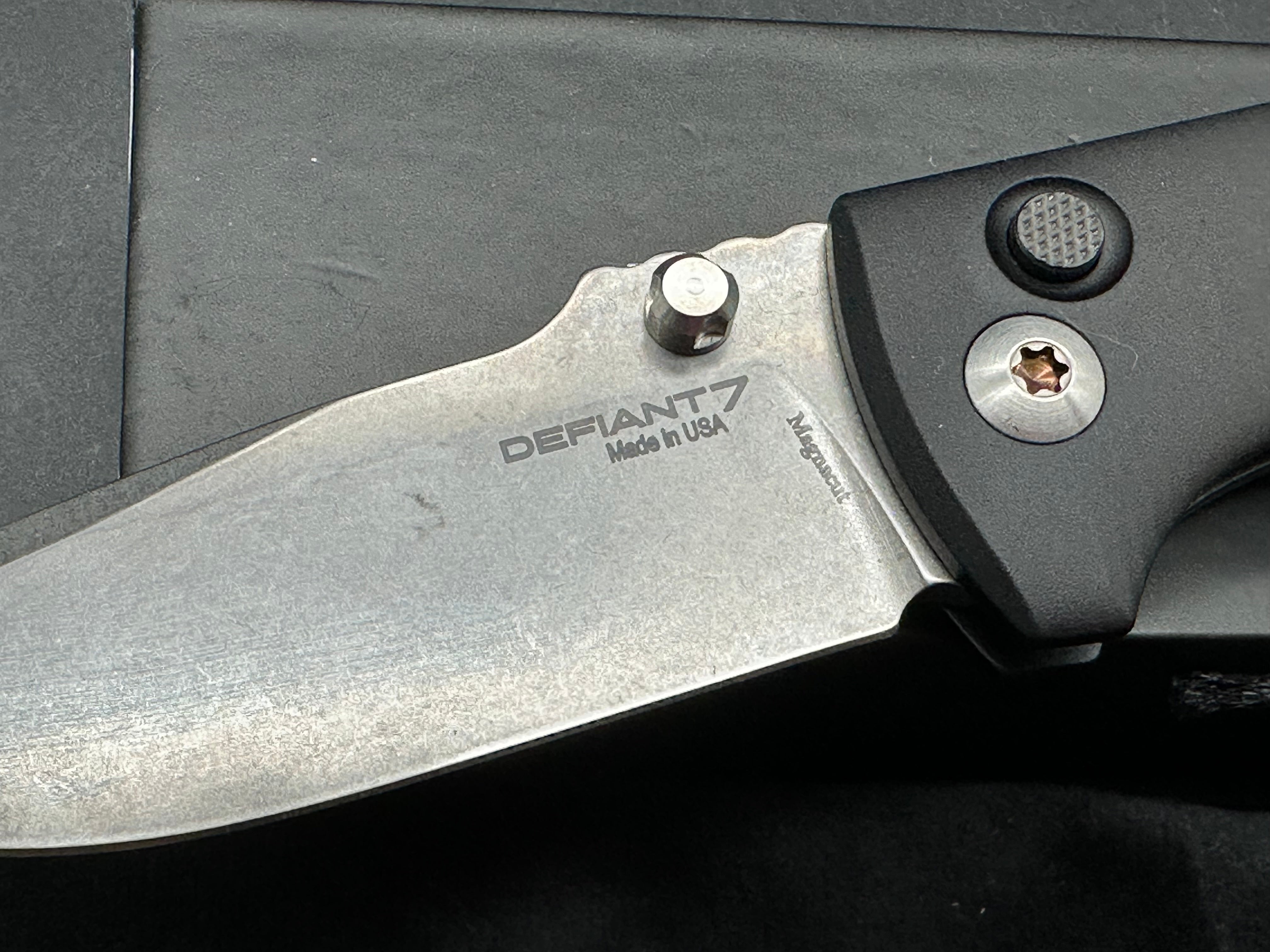 Defiant-7 Talos Button Lock with Magnacut Blade and Black Hardcoat Anodized Aluminum Handles