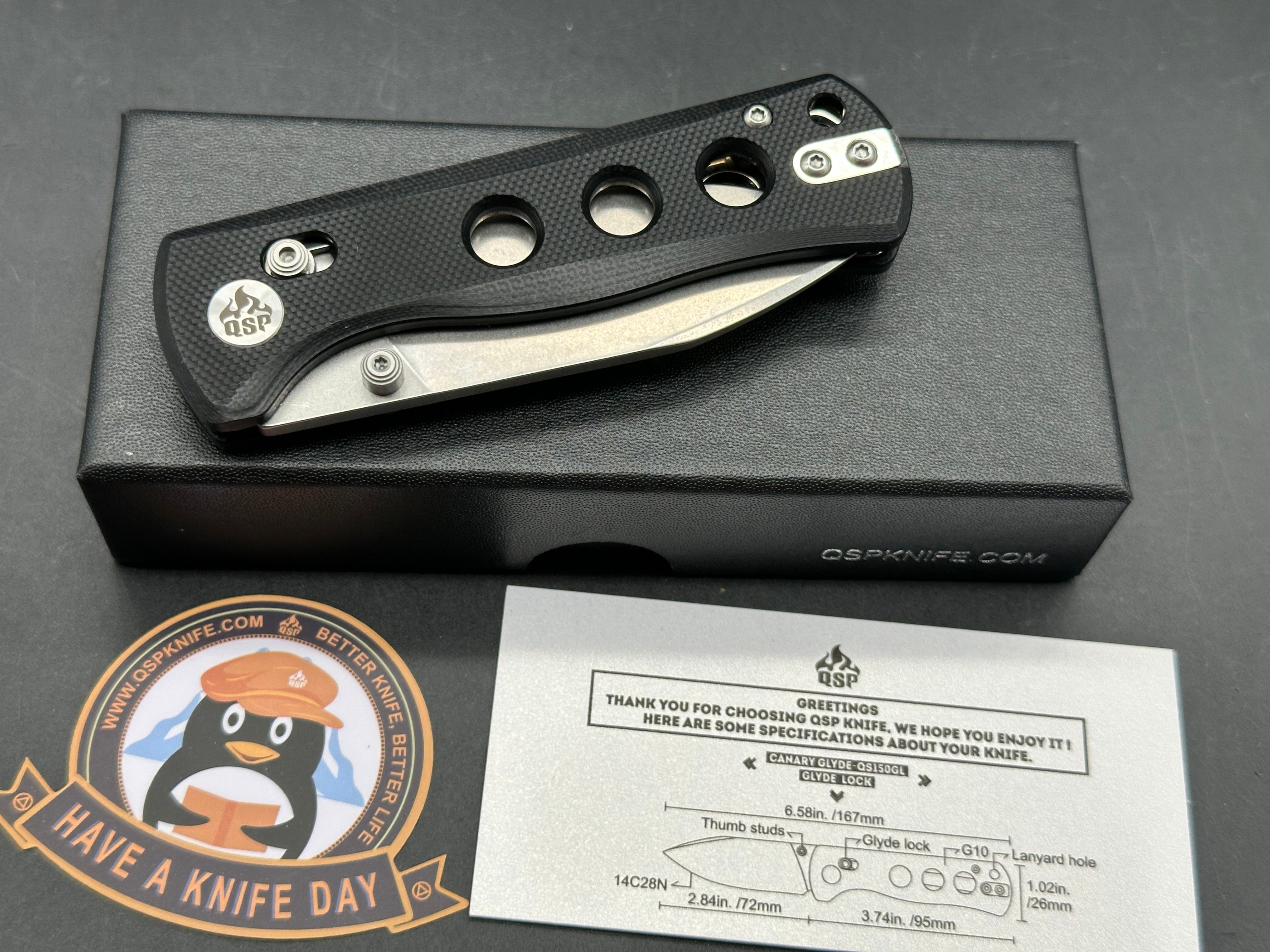 QSP Canary Glyde Lock 2.84" 14C28N Stonewash Blade with Black G10 Scales