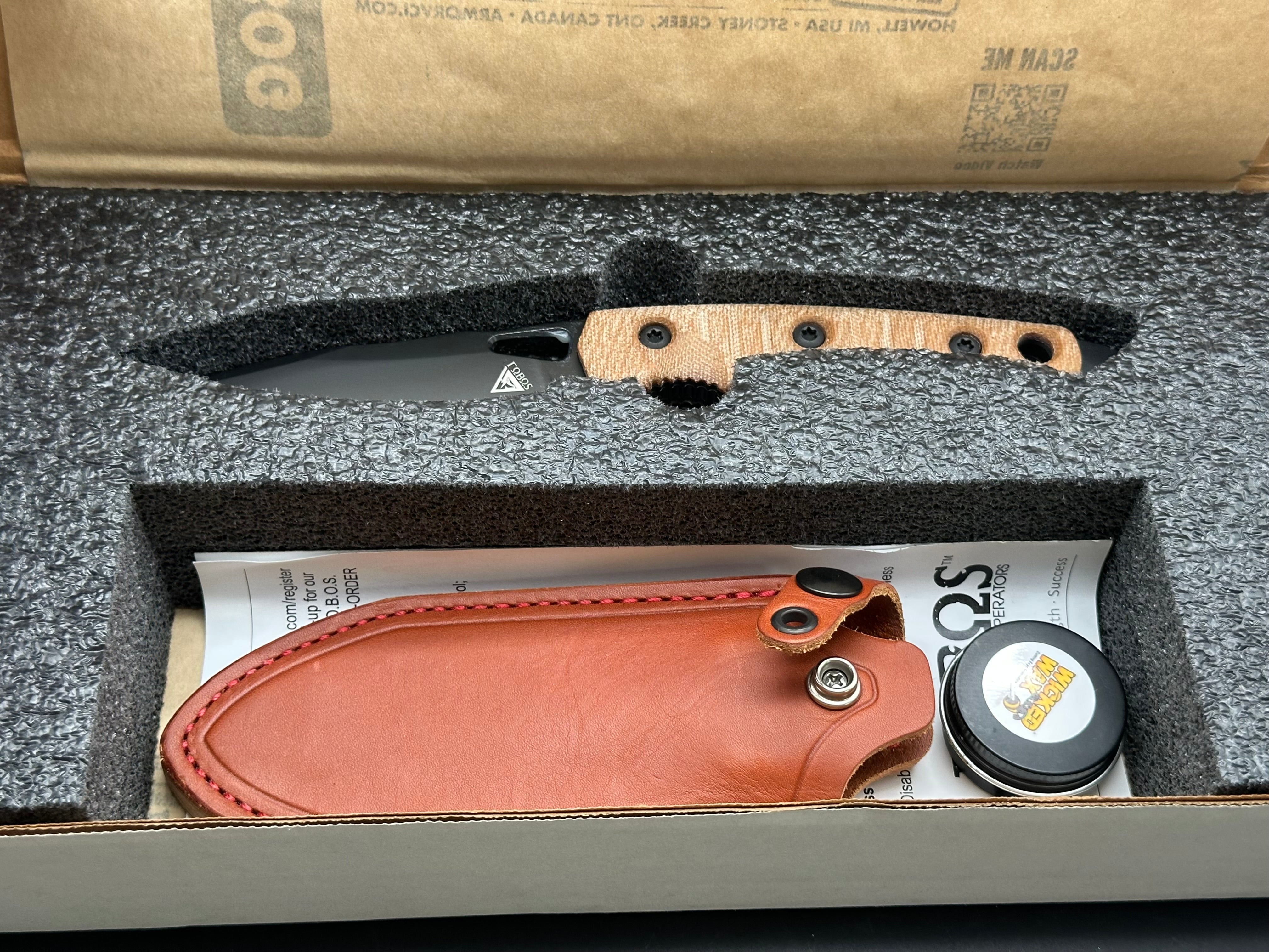FOBOS Knives Cacula Fixed Blade Knife 4.31" CPM-S35VN Black PVD Drop Point, Natural Micarta w/ Black Liners