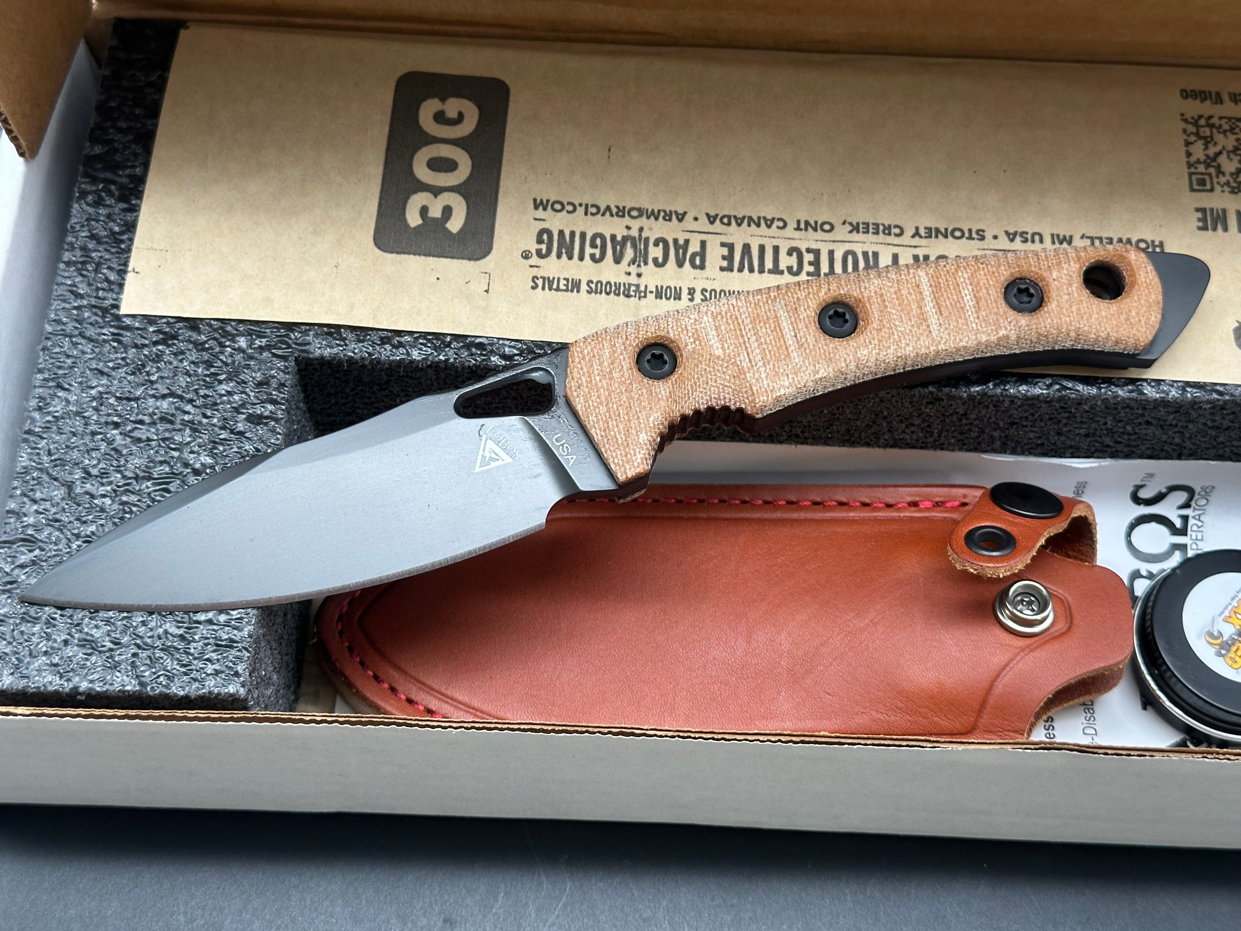 FOBOS Knives Cacula Fixed Blade Knife 4.31" CPM-S35VN Black PVD Drop Point, Natural Micarta w/ Black Liners