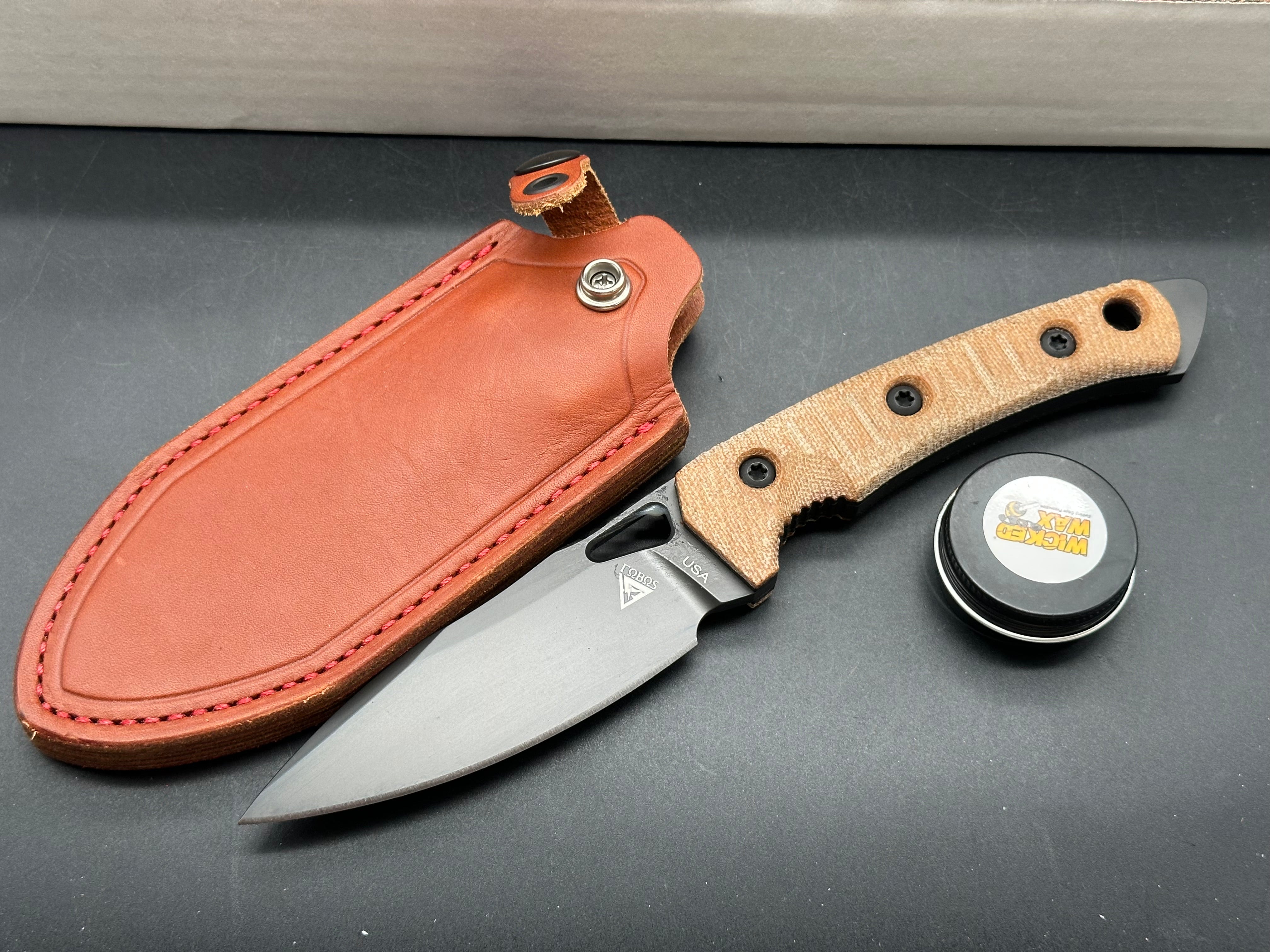 FOBOS Knives Cacula Fixed Blade Knife 4.31" CPM-S35VN Black PVD Drop Point, Natural Micarta w/ Black Liners