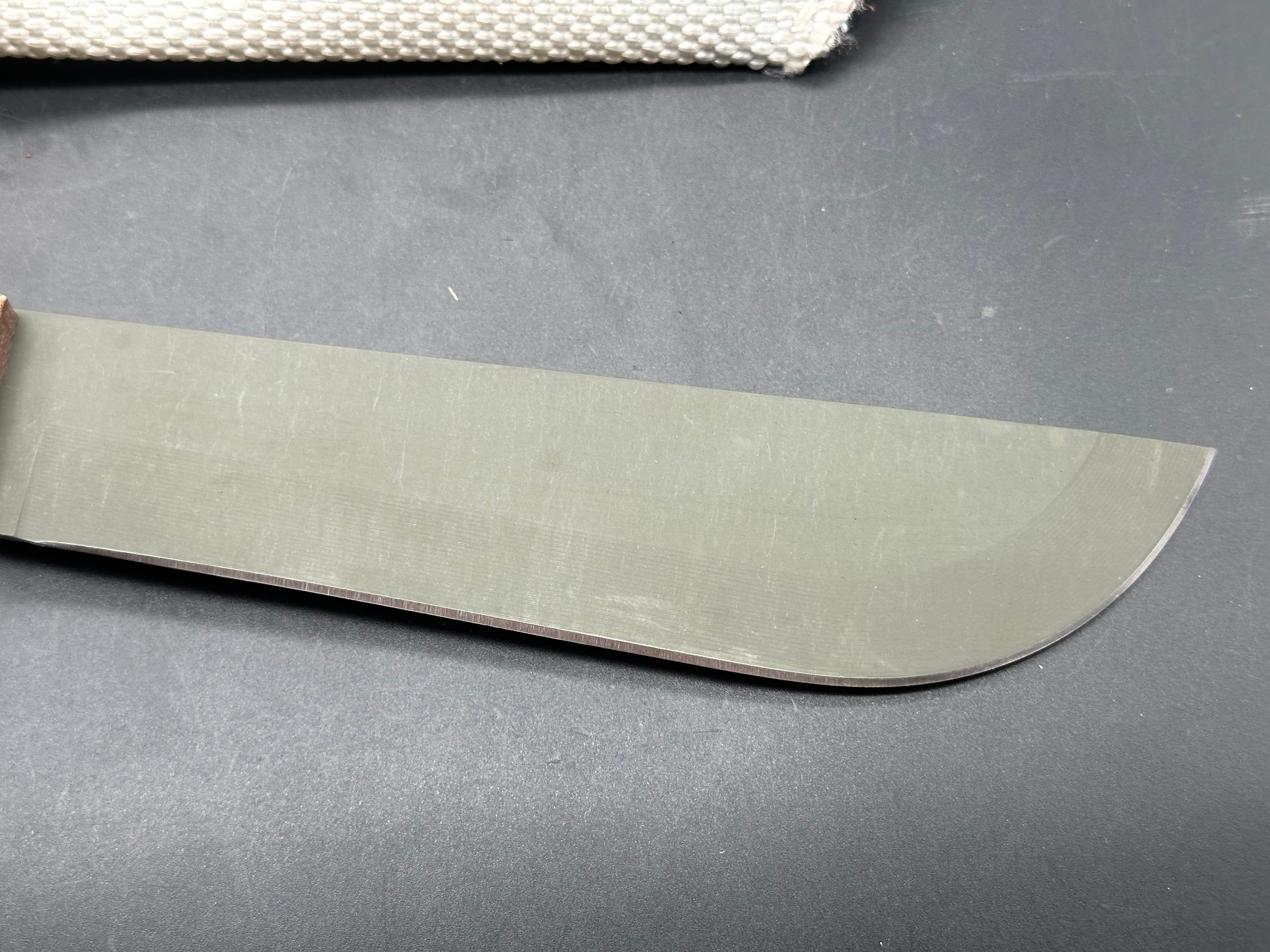 Woods Monkey Half Chete 1095 steel with OD green cerakote and natural canvas micarta handles