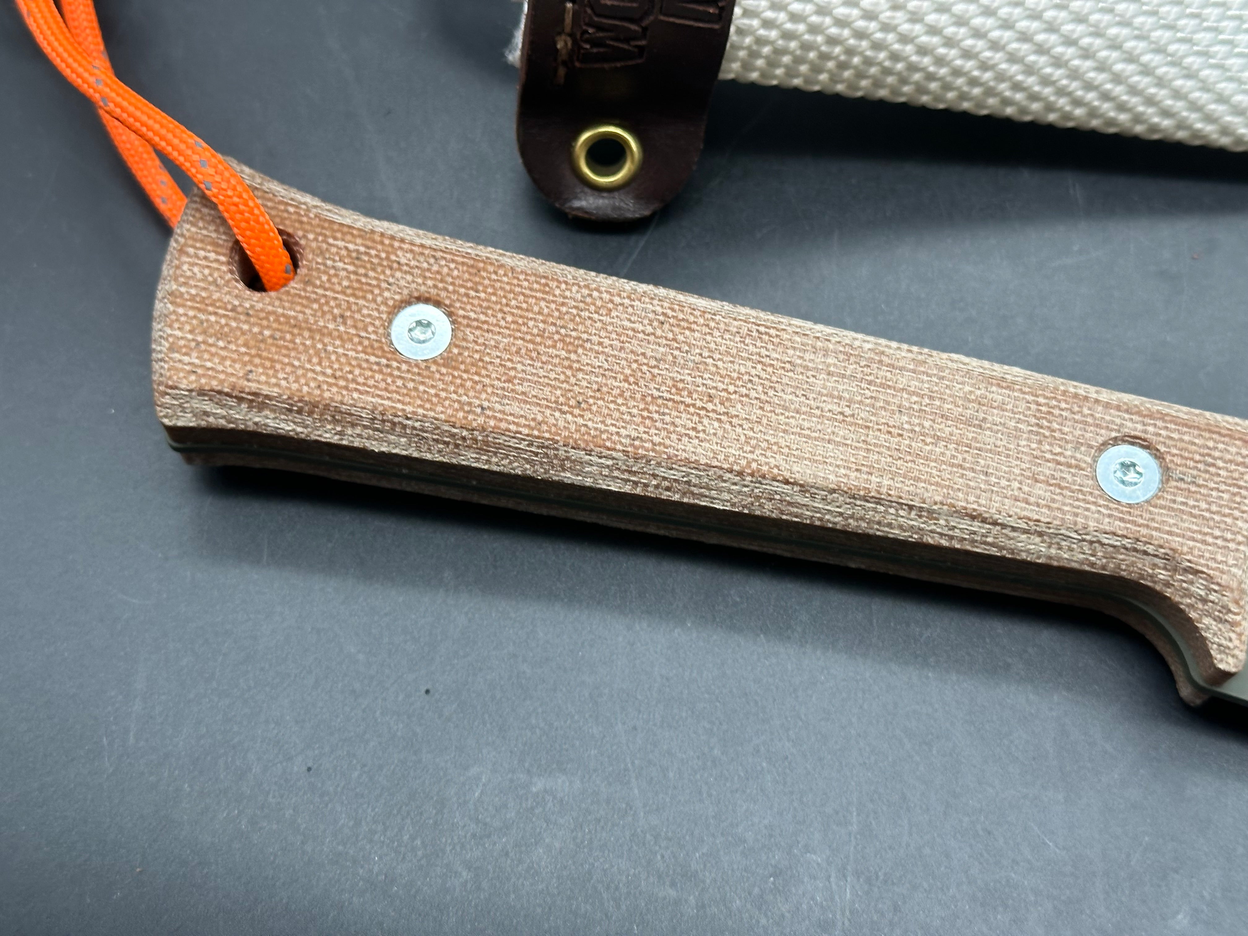 Woods Monkey Half Chete 1095 steel with OD green cerakote and natural canvas micarta handles