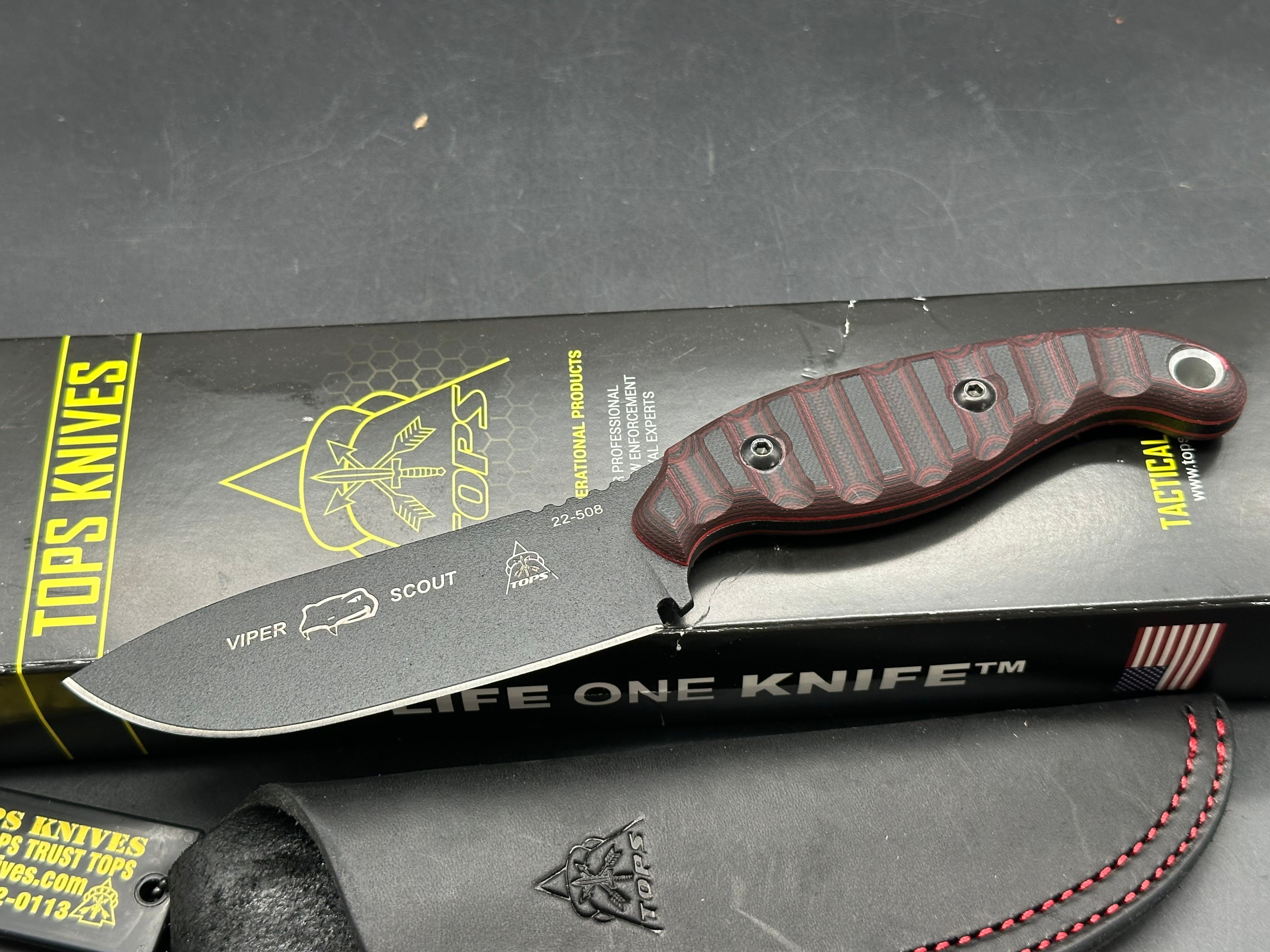 Tops Viper Scout 1095 steel with black/red G-10 scales