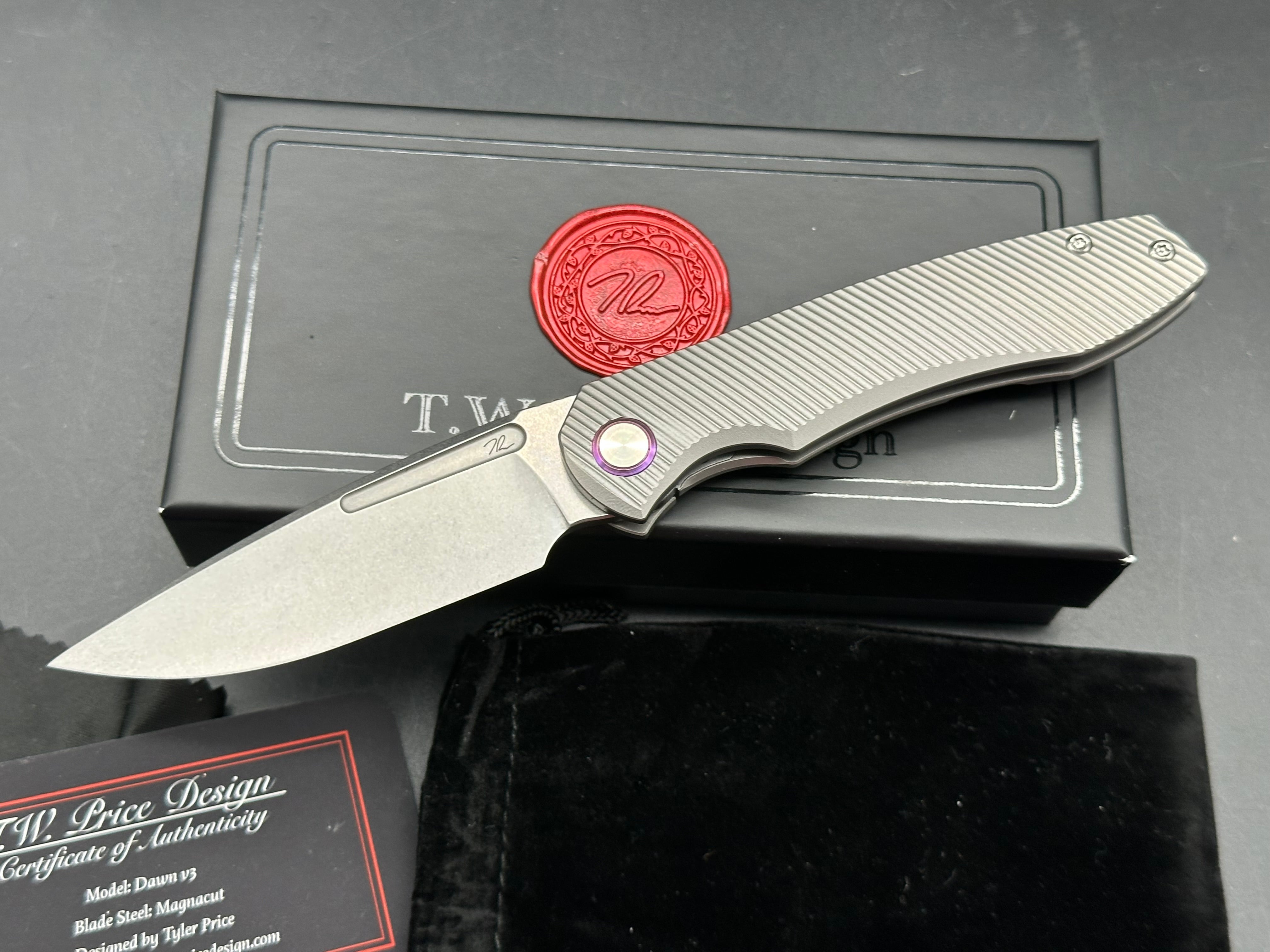 T.W. Price Dawn v.3 (3.3") CPM MagnaCut Stonewash Blade with Deep Angle Milled Titanium Scales