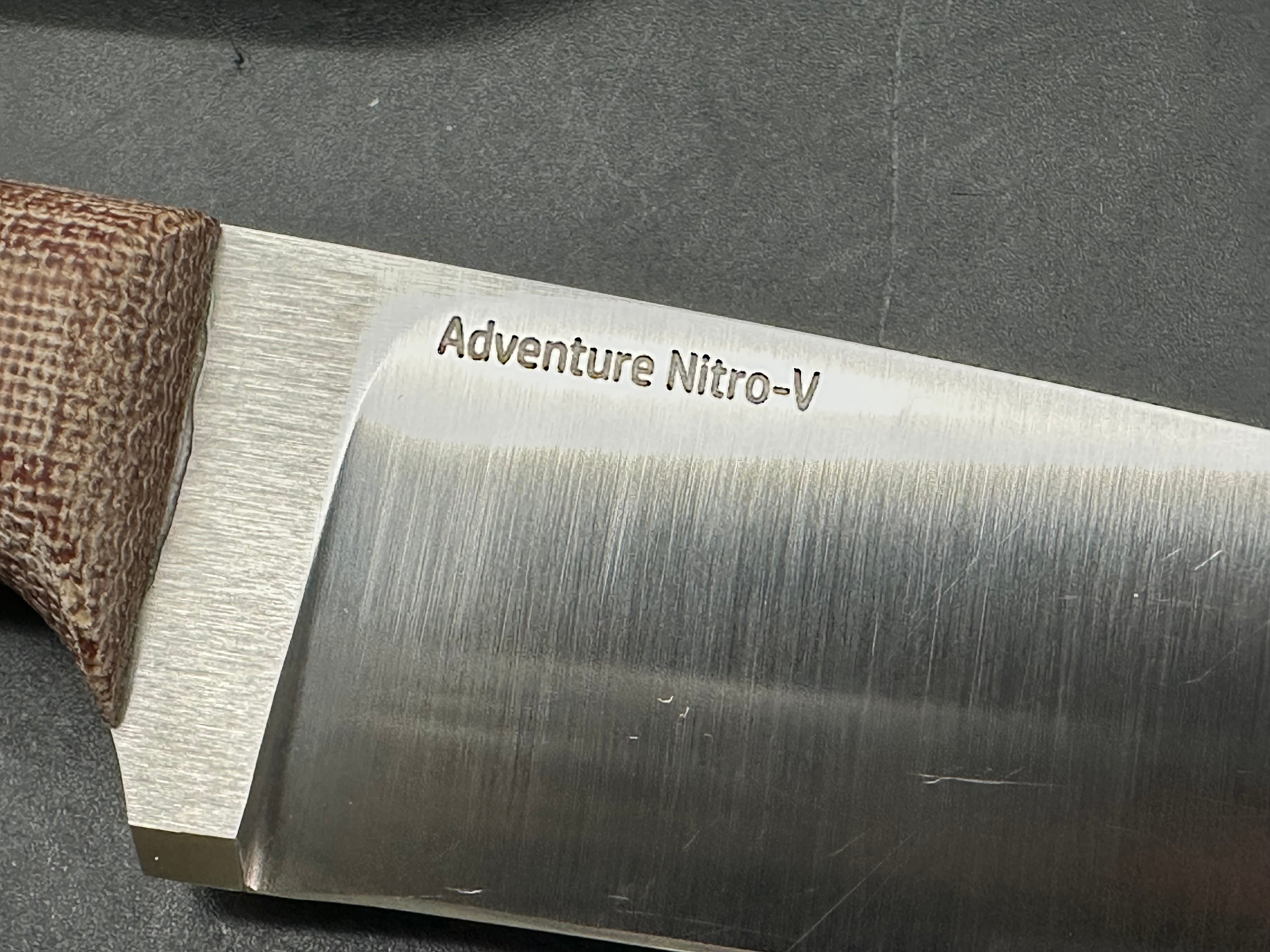 Very Good Knife Company - Adventure in Nitro-V with natural canvas micarta handles, custom Convex grind