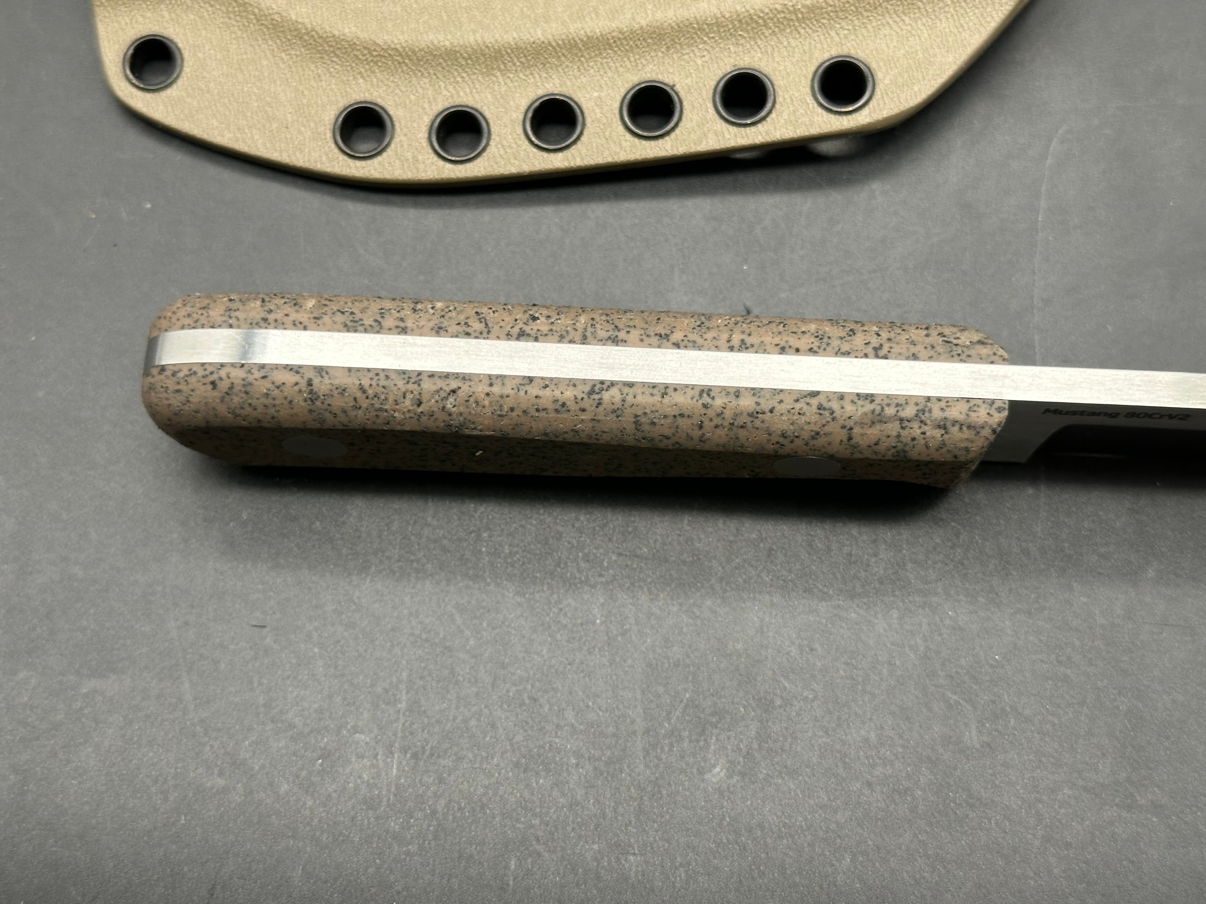 Very Good Knife Company - Mustang in 80CRV2 with tan Griptec handles, hollow grind with factory edge
