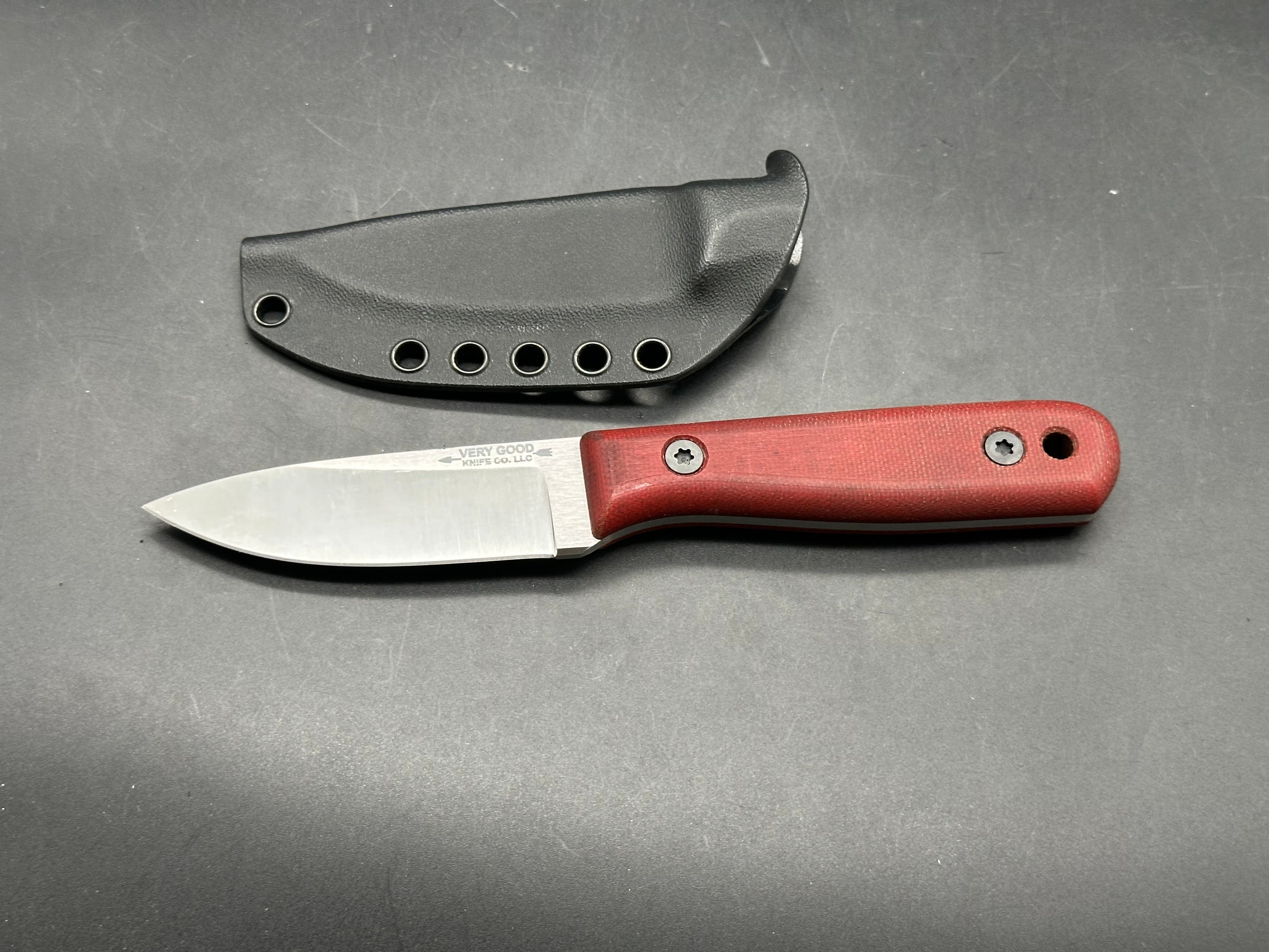 Very Good Knife Company - Rambler in 80CRV2 with red canvas micarta handles, saber grind