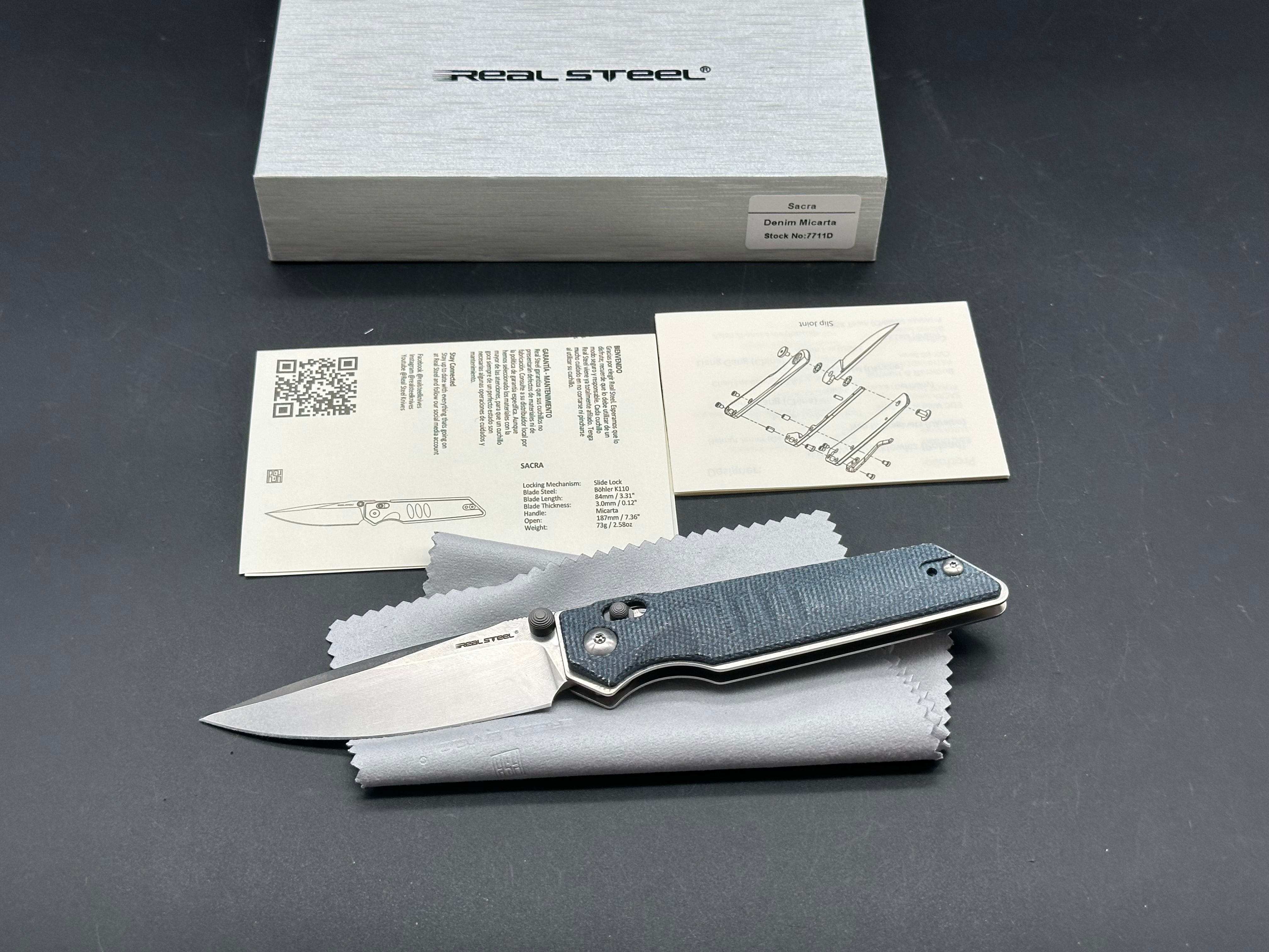 REAL STEEL REAL STEEL SACRA SLIDE LOCK POCKET KNIFE DENIM MICARTA HANDLE