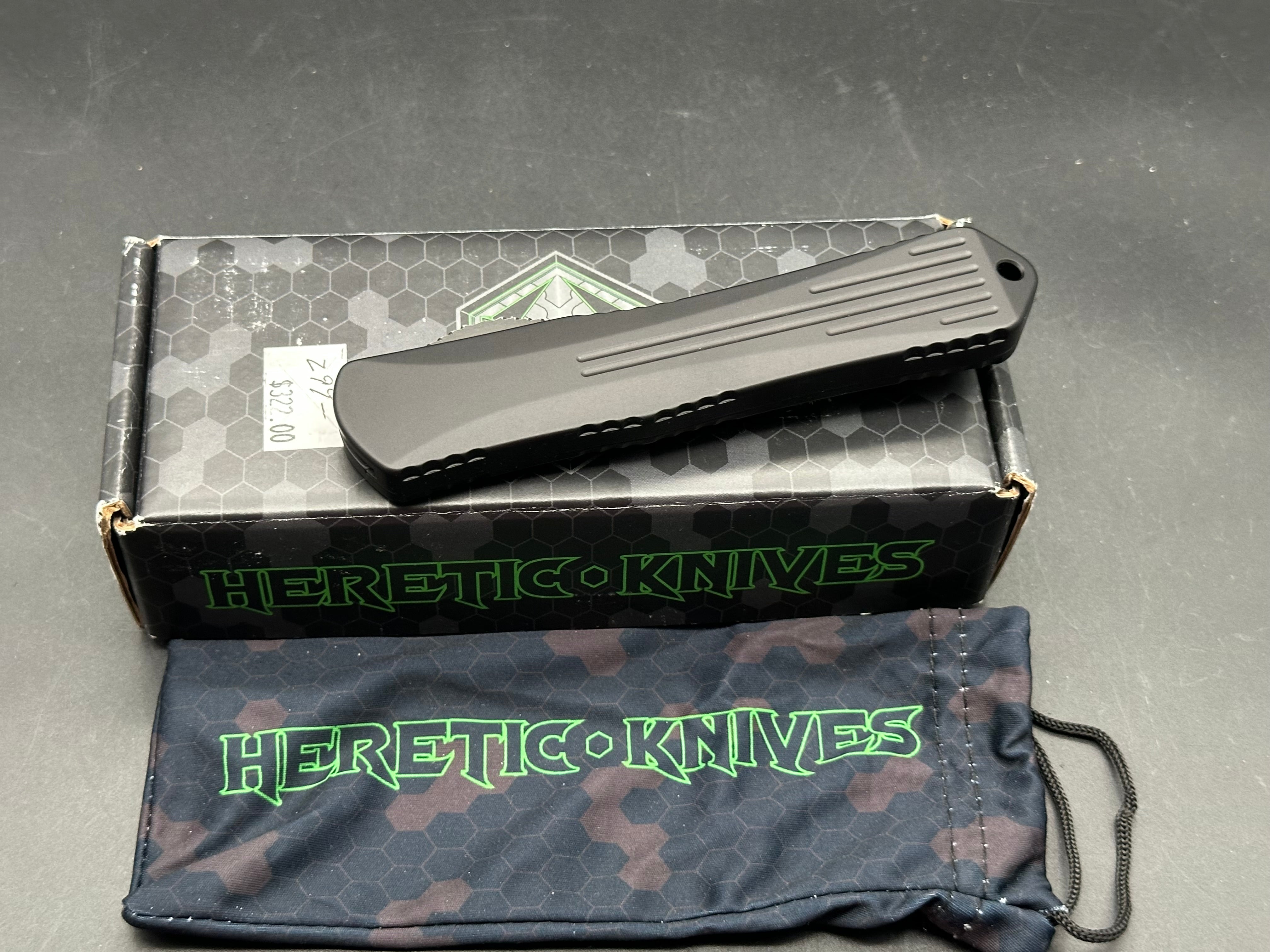 Heretic Knives Manticore-X Recurve Battleworn Black Elmax OTF Automatic