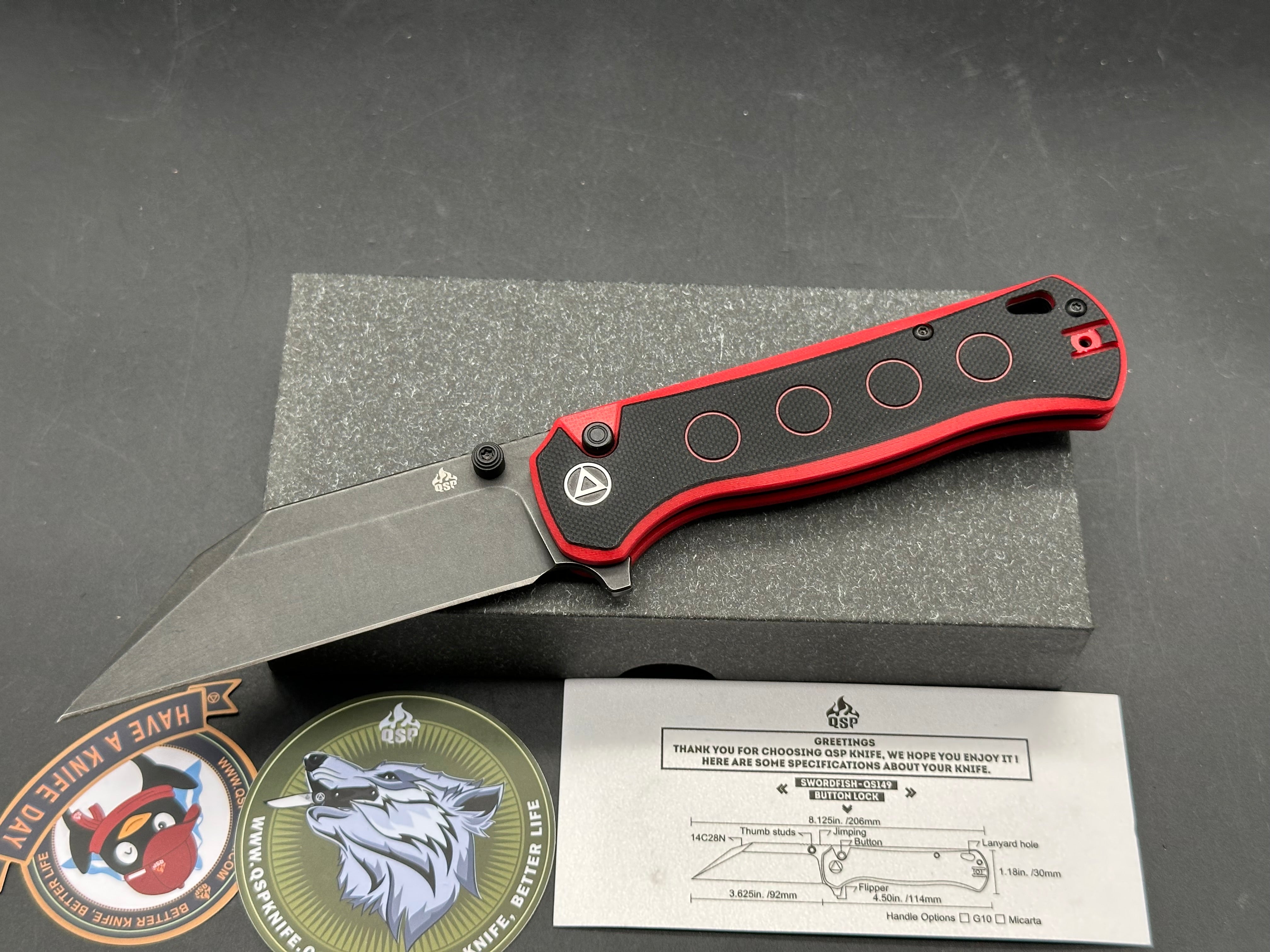 QSP Swordfish Button Lock Knife Black/Red G-10 (3.625" BW)