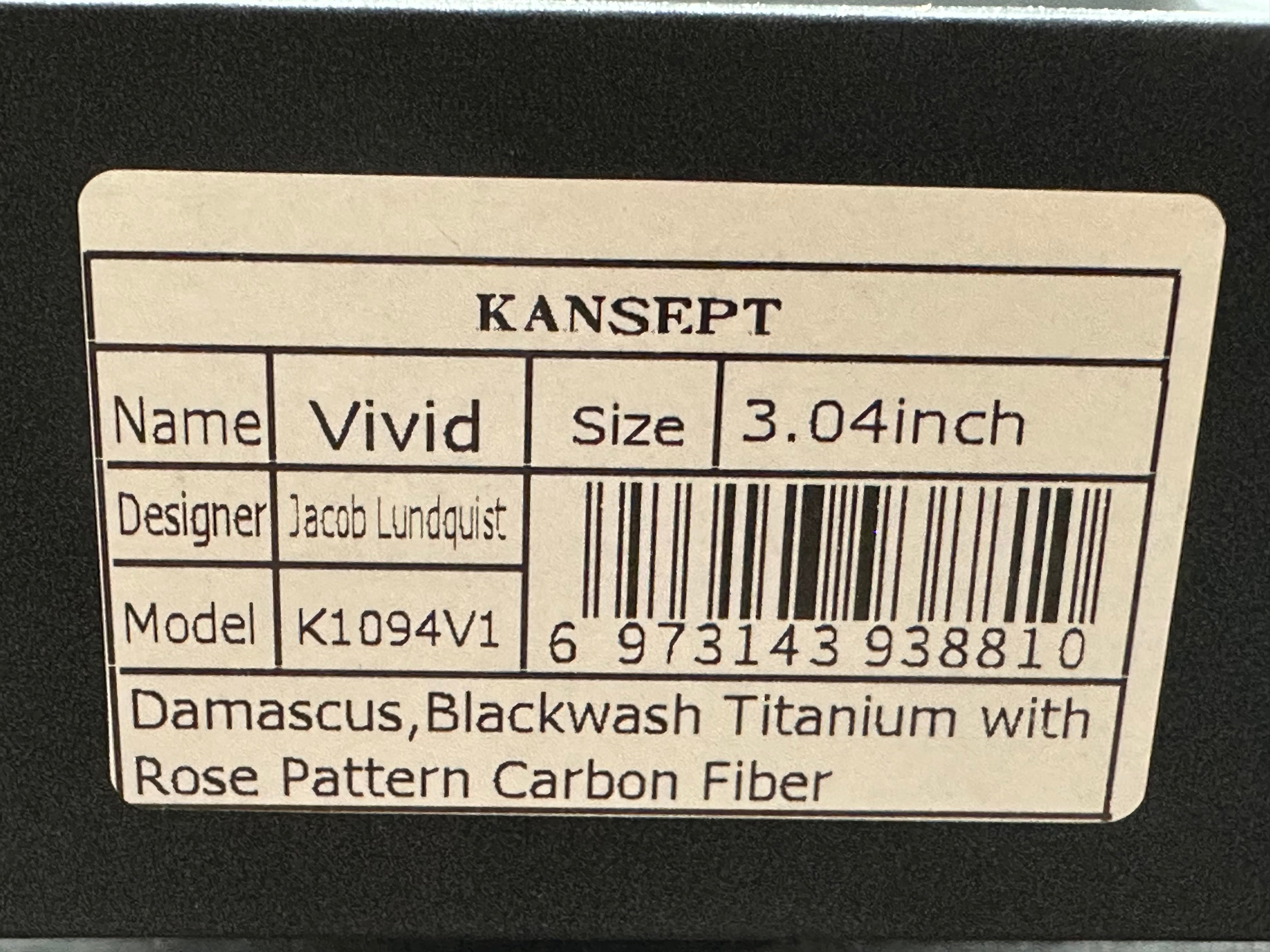 KANSEPT VIVID BLACKWASH TITANIUM/ROSE CARBON FIBER HANDLE DAMASCUS PLAIN EDGE