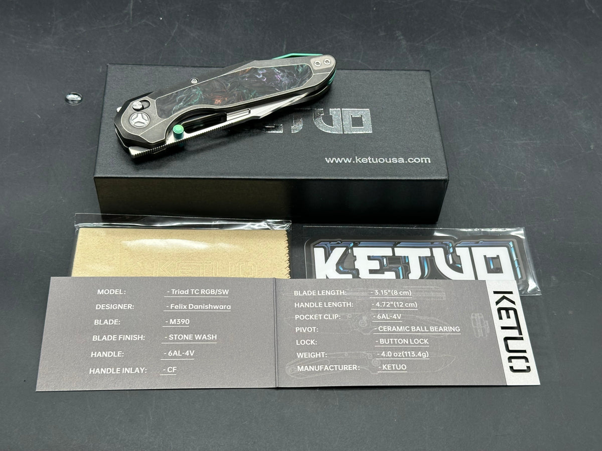 KETO KK-TRIAD TC Titanian Carbon Fiber Inlays RGB M390 Tanto stonewash