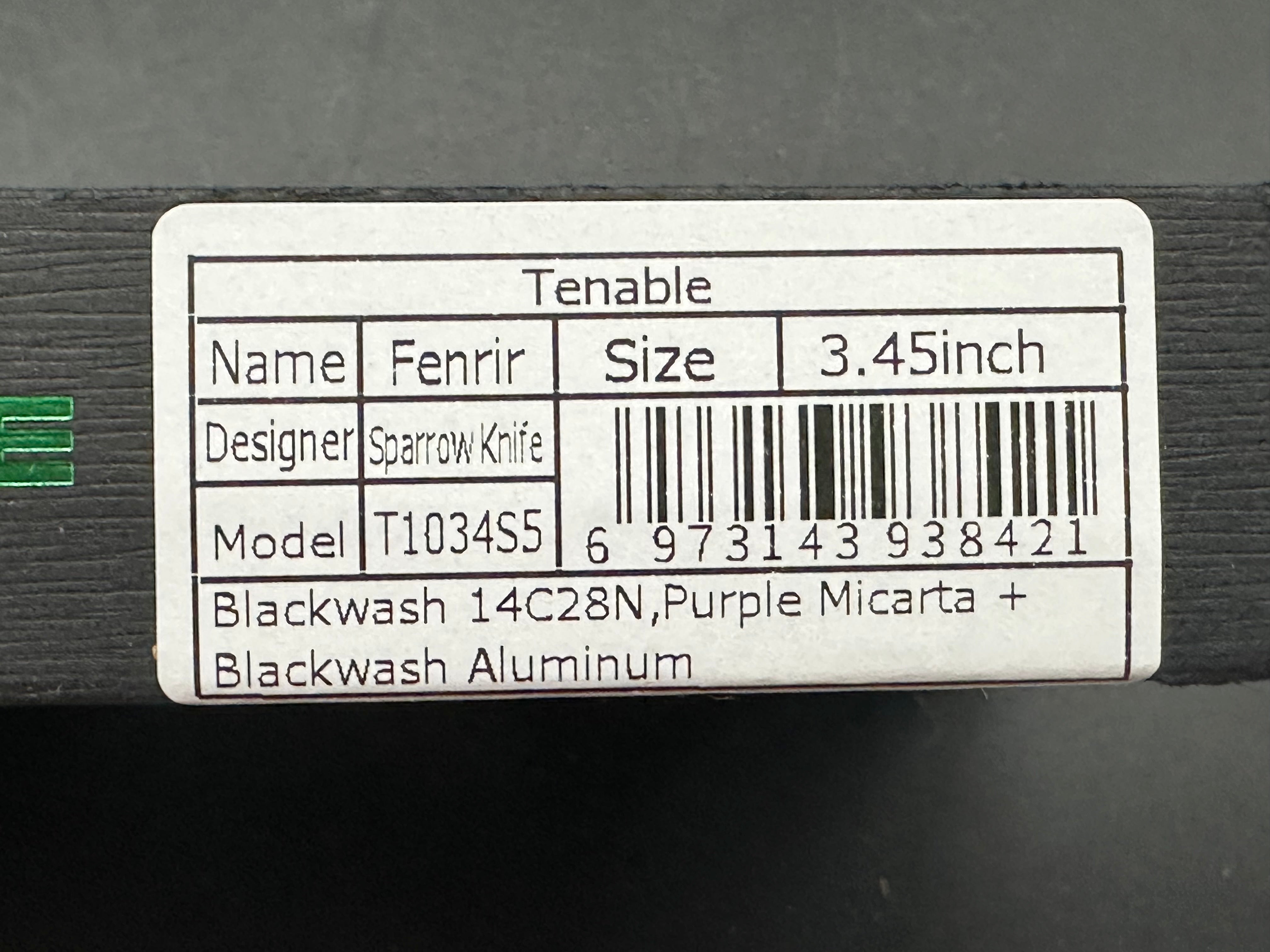 TENABLE FENRIR BUTTON LOCK PURPLE MICARTA/BLACKWASH ALUMINUM HANDLE 14C28N HARPOON