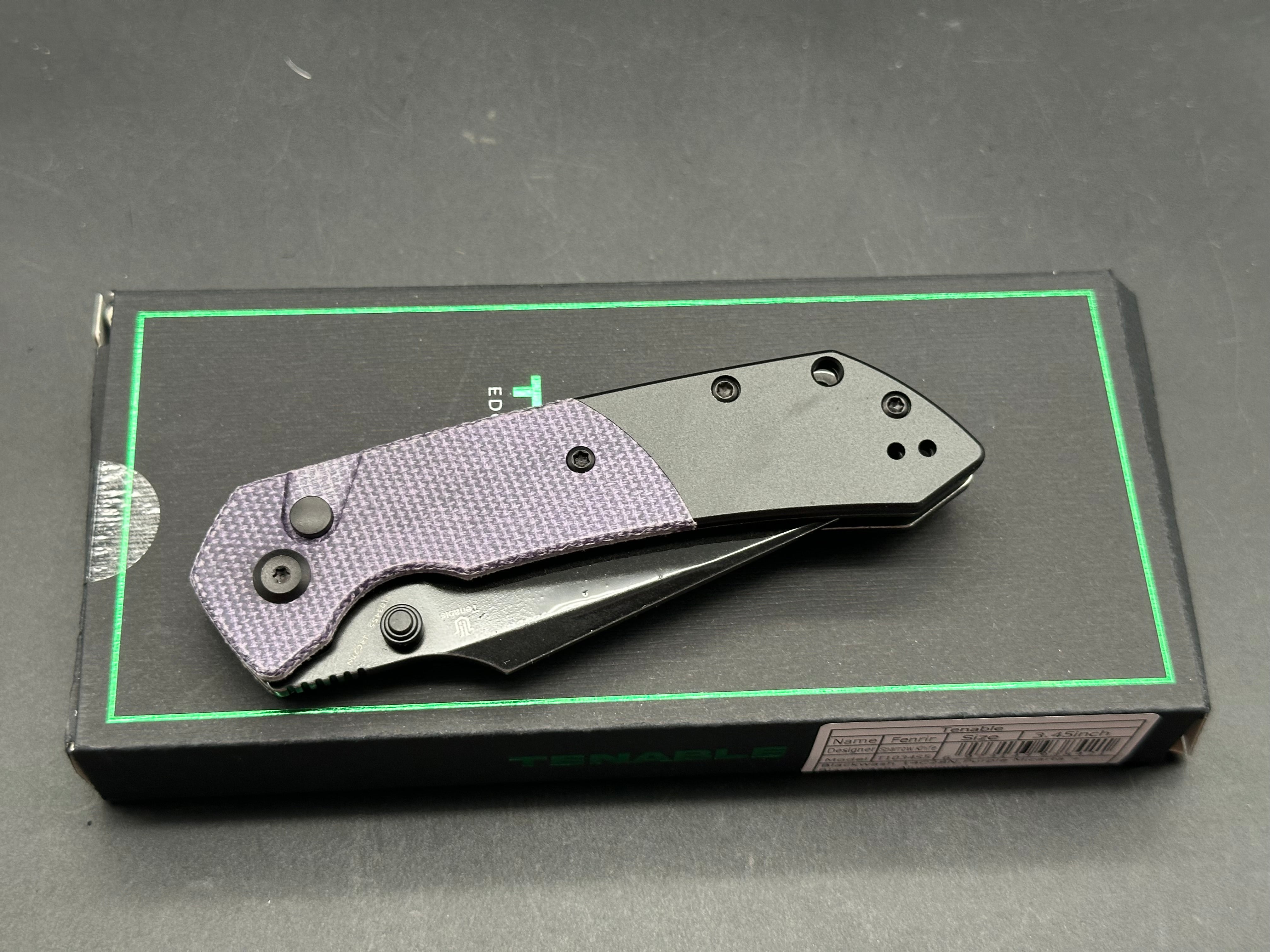 TENABLE FENRIR BUTTON LOCK PURPLE MICARTA/BLACKWASH ALUMINUM HANDLE 14C28N HARPOON