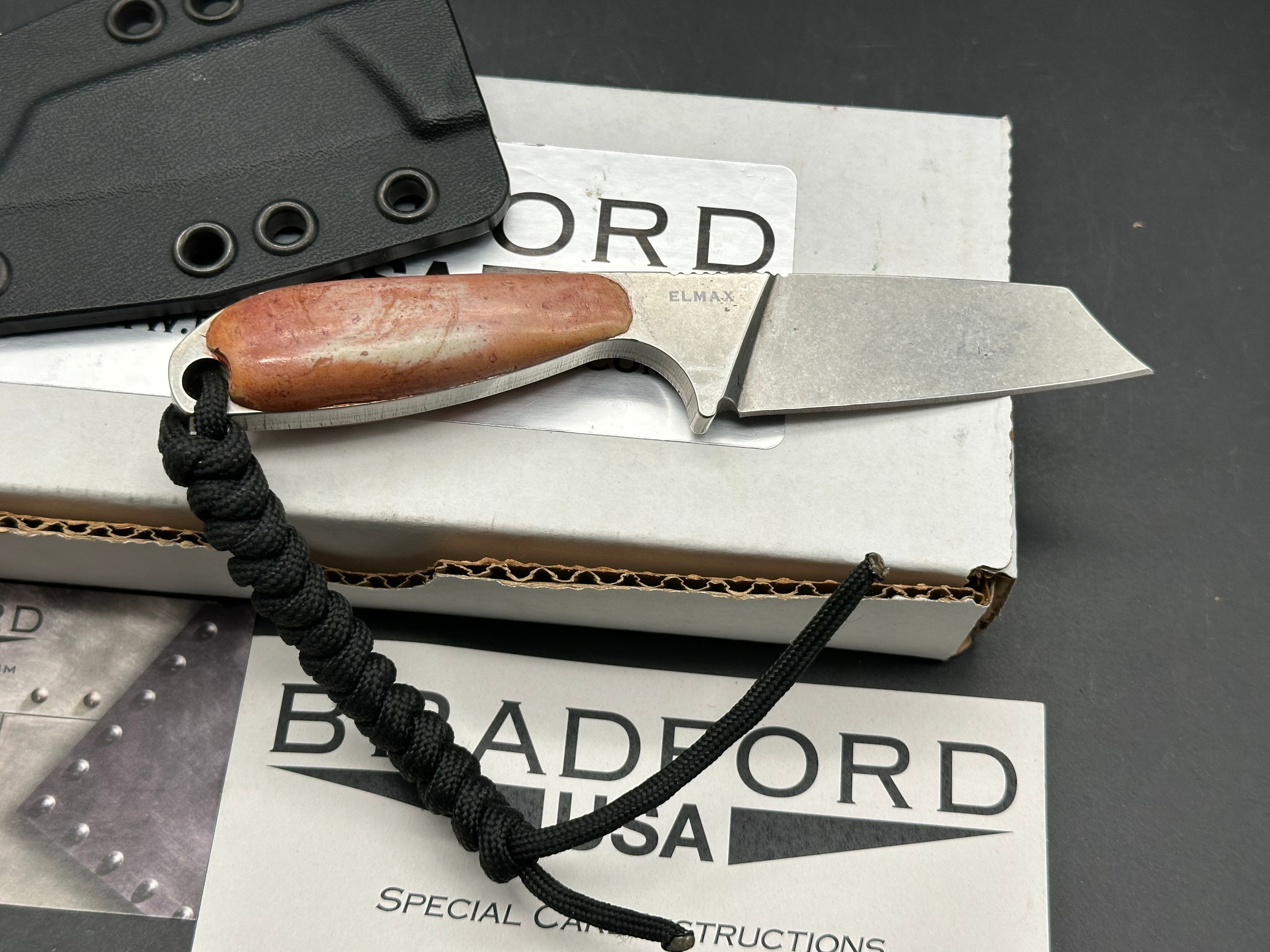 Bradford Knives G-Cleaver Fixed Blade Neck Knife 2.875" Elmax Black DLC Cleaver Blade and custom scales handle, Kydex Sheath