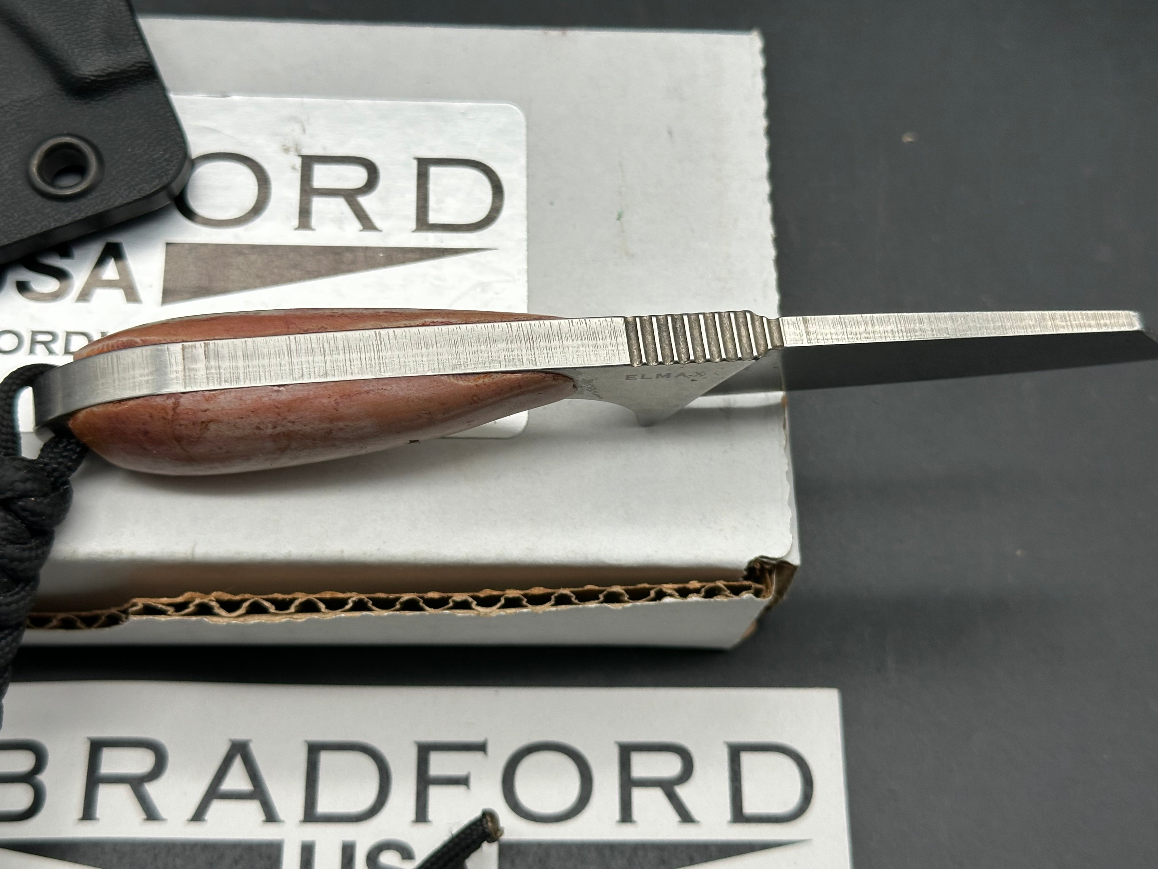 Bradford Knives G-Cleaver Fixed Blade Neck Knife 2.875" Elmax Black DLC Cleaver Blade and custom scales handle, Kydex Sheath