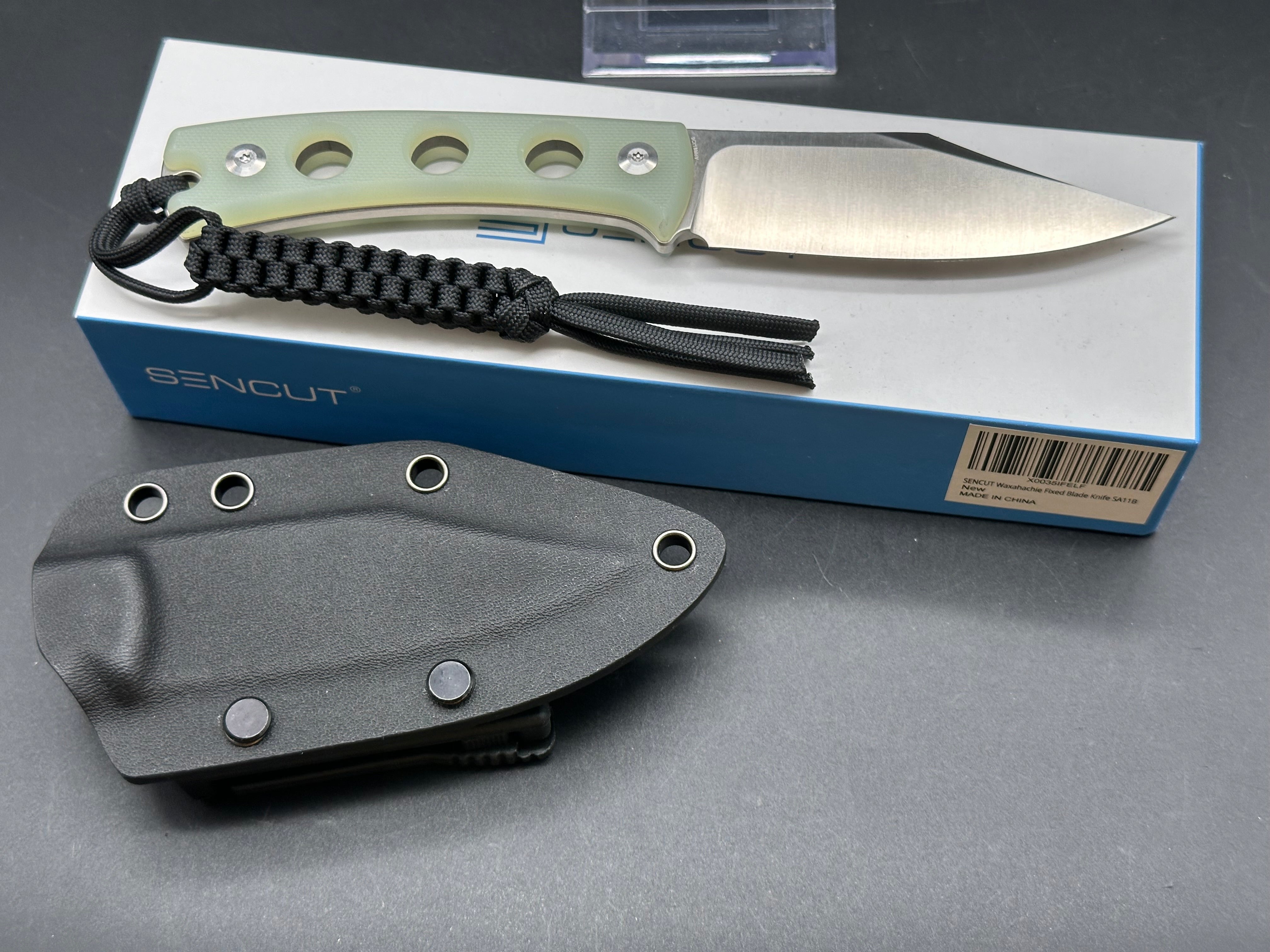 SENCUT WAXAHACHIE FIXED BLADE KNIFE NATURAL G10 HANDLE 9CR18MOV CLIP POINT PLAIN EDGE SATIN FINISH