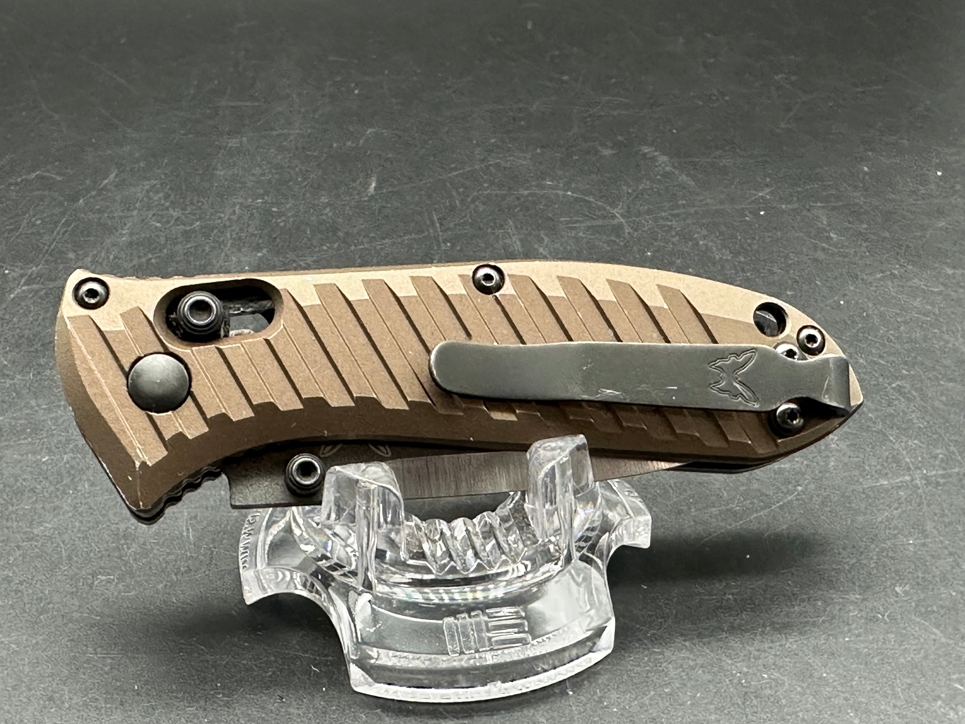 Benchmade Mini Presdio Shot Show Edition M4 Bronze aluminum scales, BGM Knives hollow regrind
