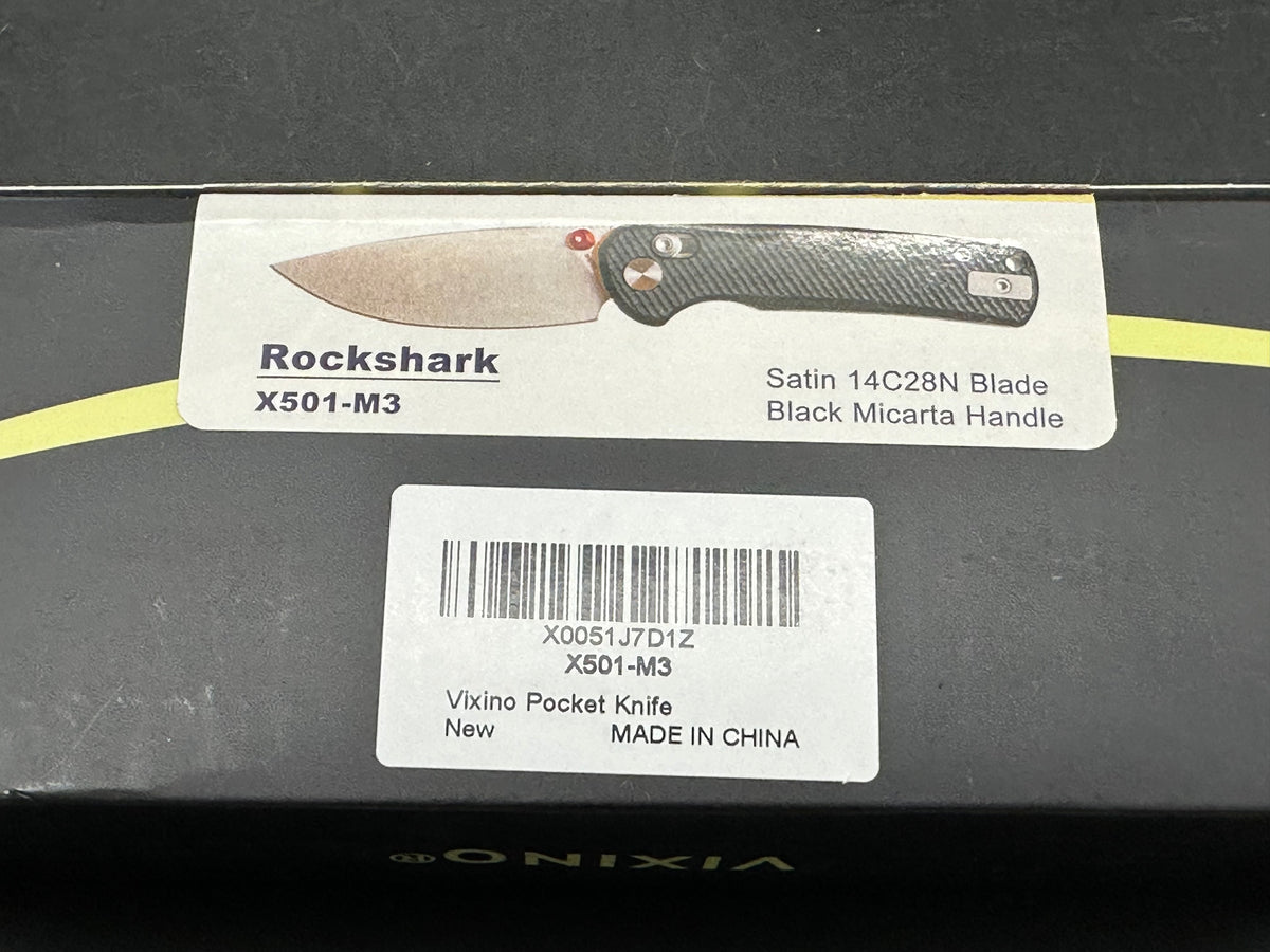 Vixino Rockshark, 3.03" 14C28N Satin Drop Point Blade with Black Micarta Scales