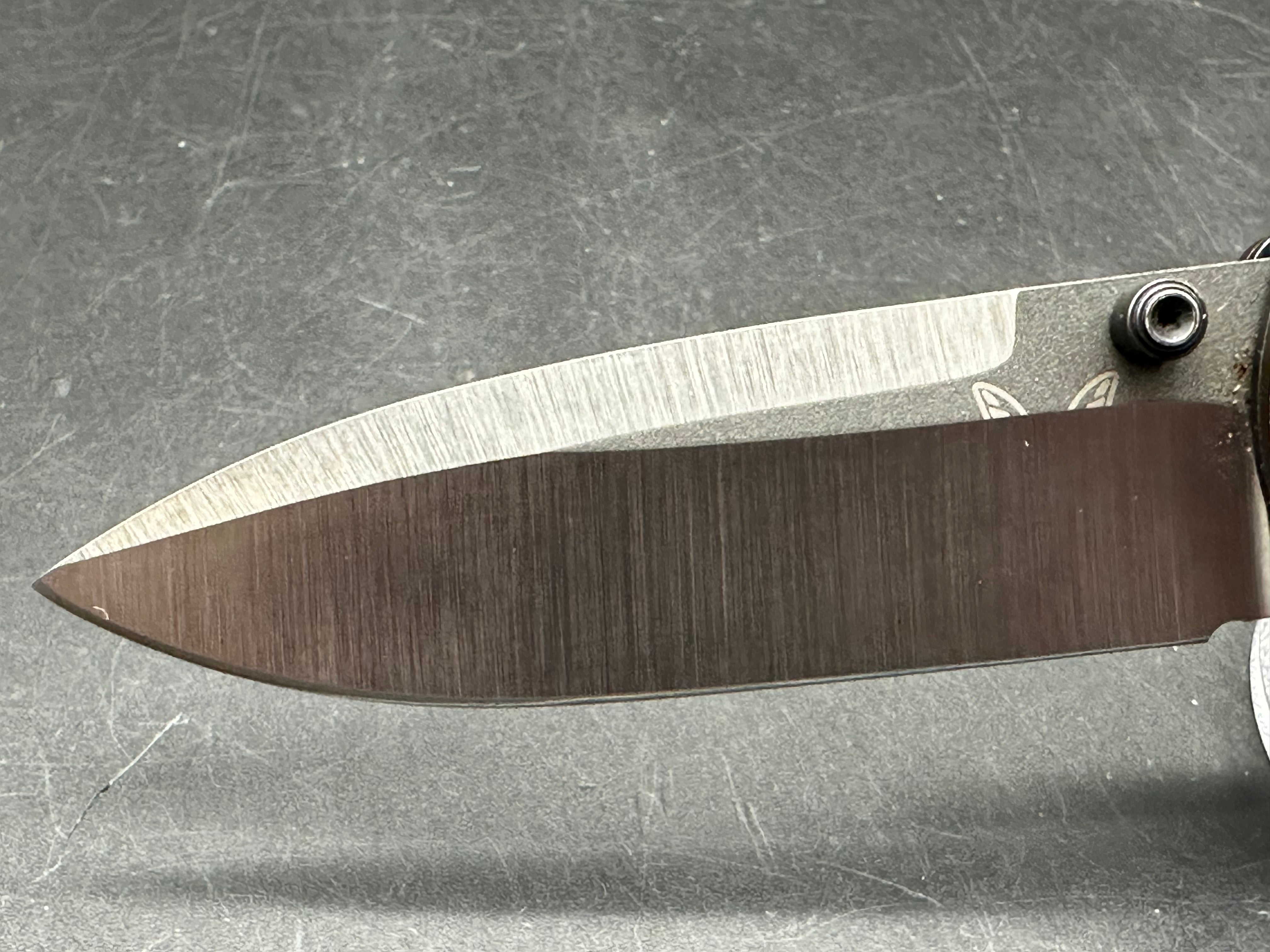 Benchmade Mini Presdio Shot Show Edition M4 Bronze aluminum scales, BGM Knives hollow regrind