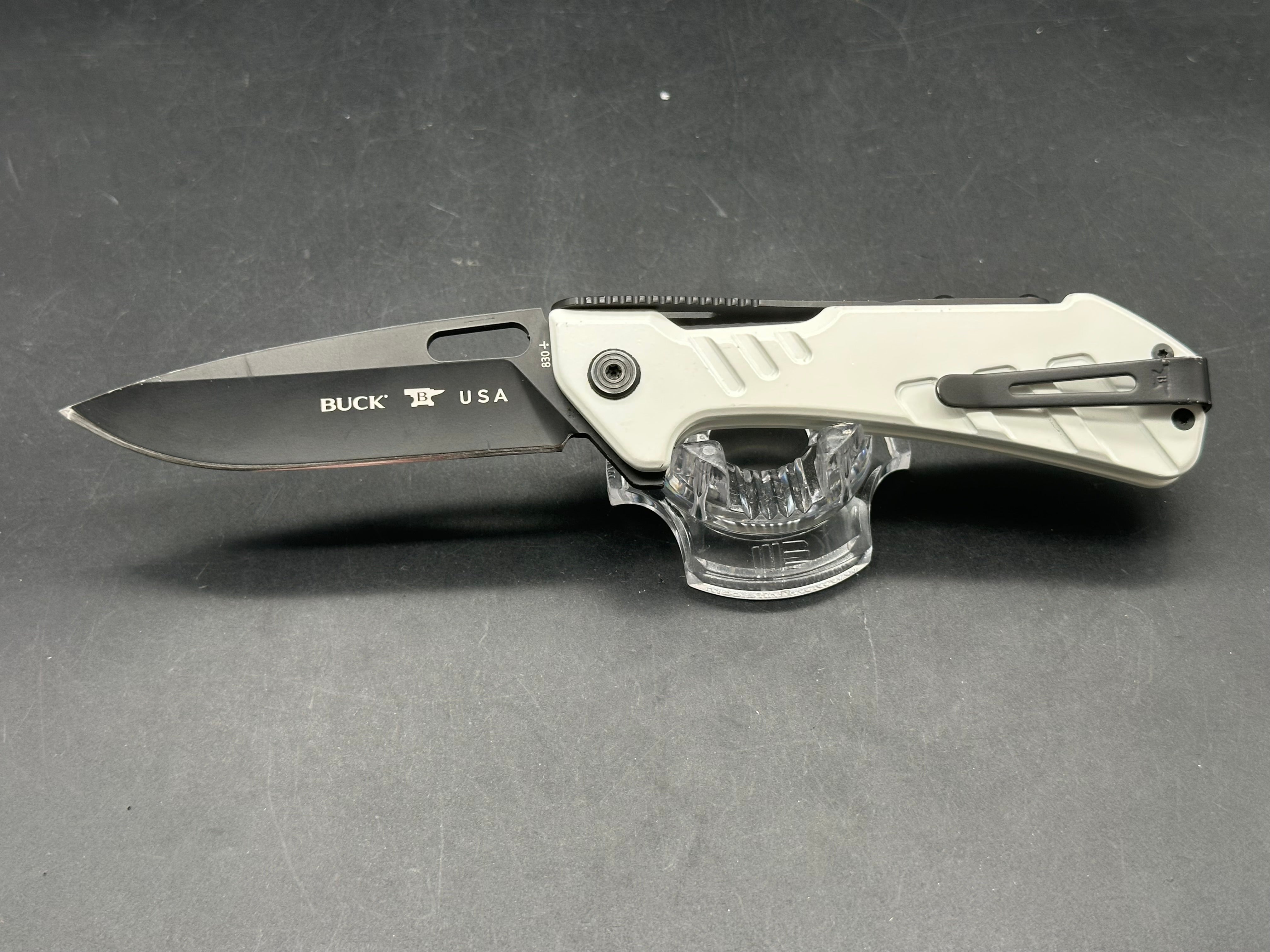 Buck Knives 830 Marksman, Buck of the Month May 2001, D2 steel, white aluminum handles