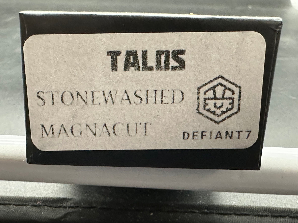 Defiant 7 | Les George Design - Talos, 3.5" MagnaCut Stonewash Drop Point Blade with Black Harden Anodized 6061 Aluminum Scales