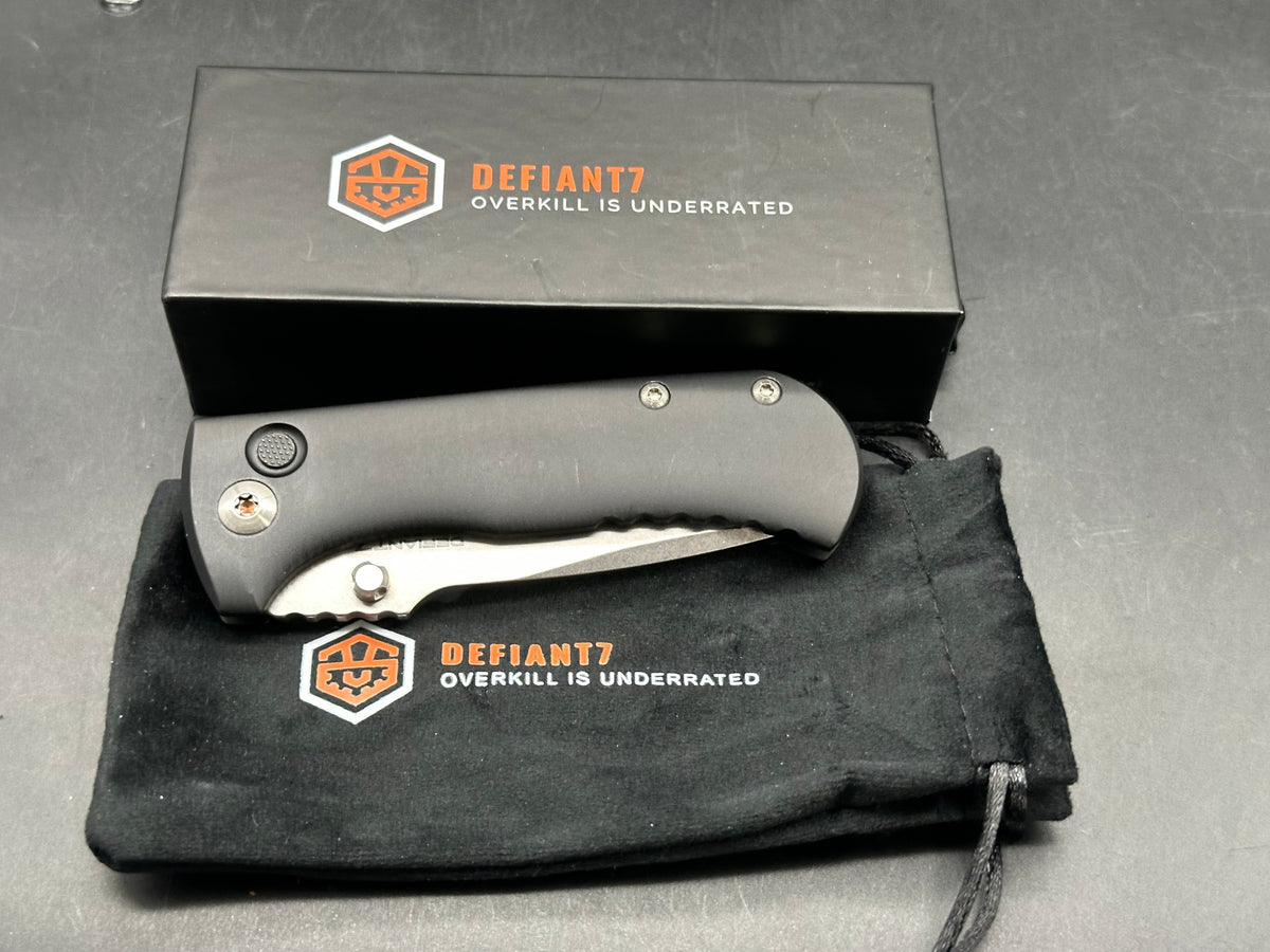 Defiant 7 | Les George Design - Talos, 3.5" MagnaCut Stonewash Drop Point Blade with Black Harden Anodized 6061 Aluminum Scales