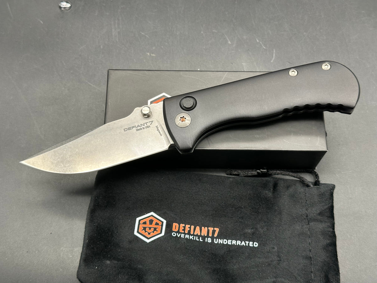 Defiant 7 | Les George Design - Talos, 3.5" MagnaCut Stonewash Drop Point Blade with Black Harden Anodized 6061 Aluminum Scales