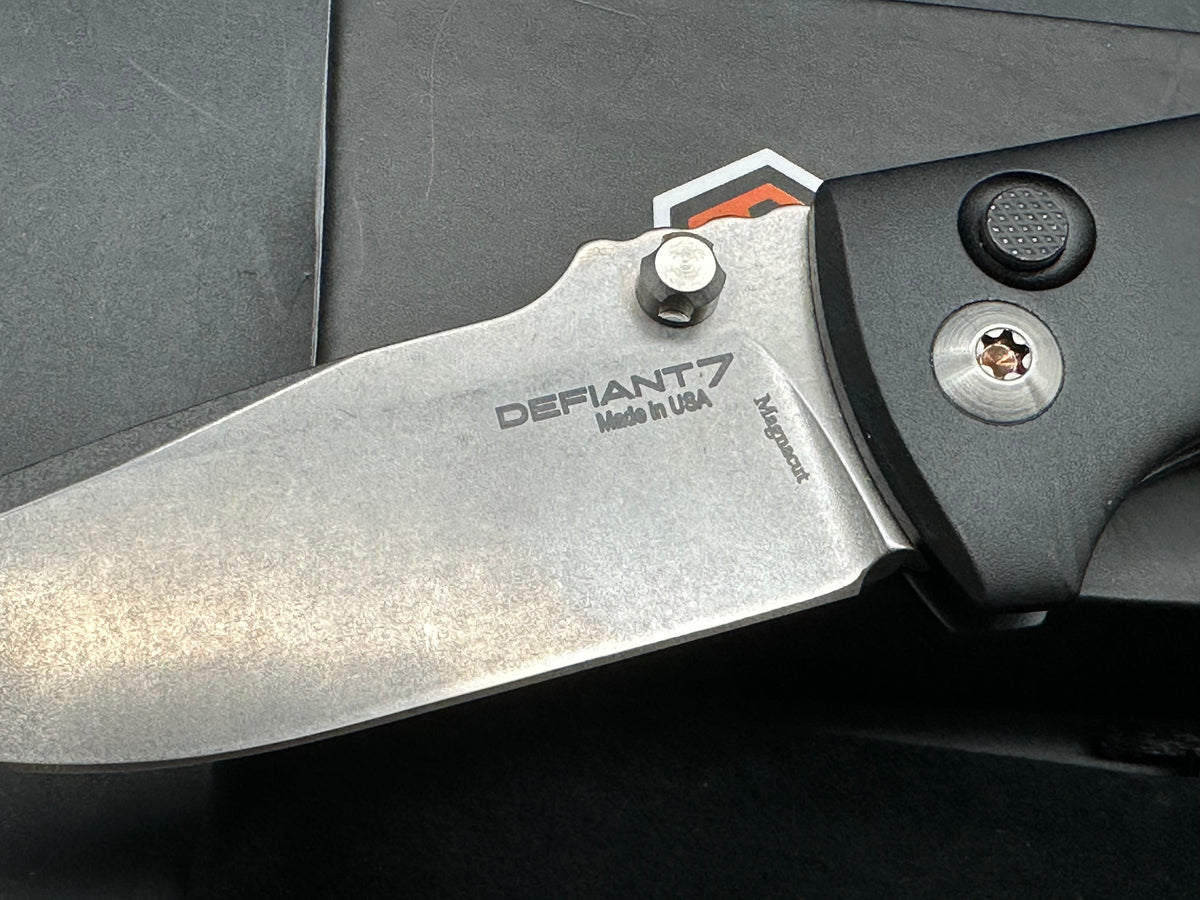 Defiant 7 | Les George Design - Talos, 3.5" MagnaCut Stonewash Drop Point Blade with Black Harden Anodized 6061 Aluminum Scales