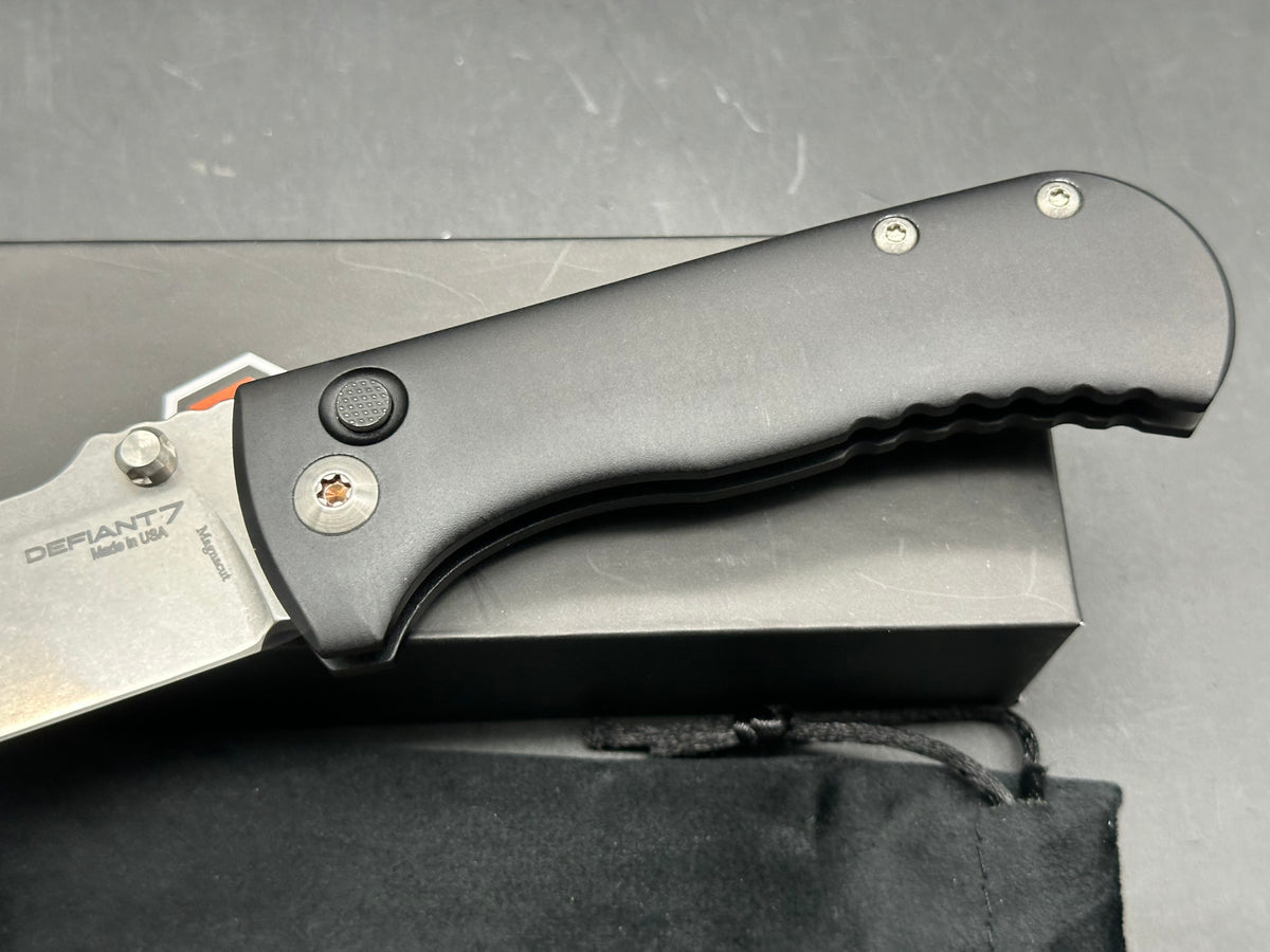 Defiant 7 | Les George Design - Talos, 3.5" MagnaCut Stonewash Drop Point Blade with Black Harden Anodized 6061 Aluminum Scales