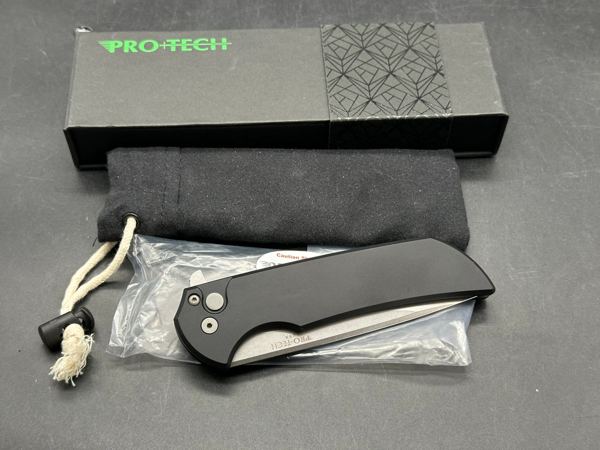 ProTech Mordax, 3.5" MagnaCut Stonewash Drop Point Blade with Black Anodized 6061 Aluminum Scales
