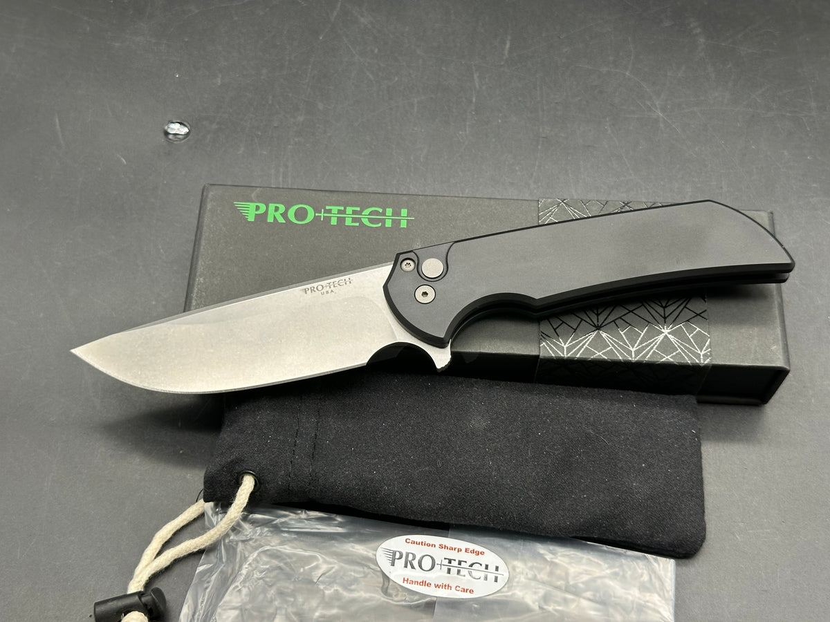 ProTech Mordax, 3.5" MagnaCut Stonewash Drop Point Blade with Black Anodized 6061 Aluminum Scales