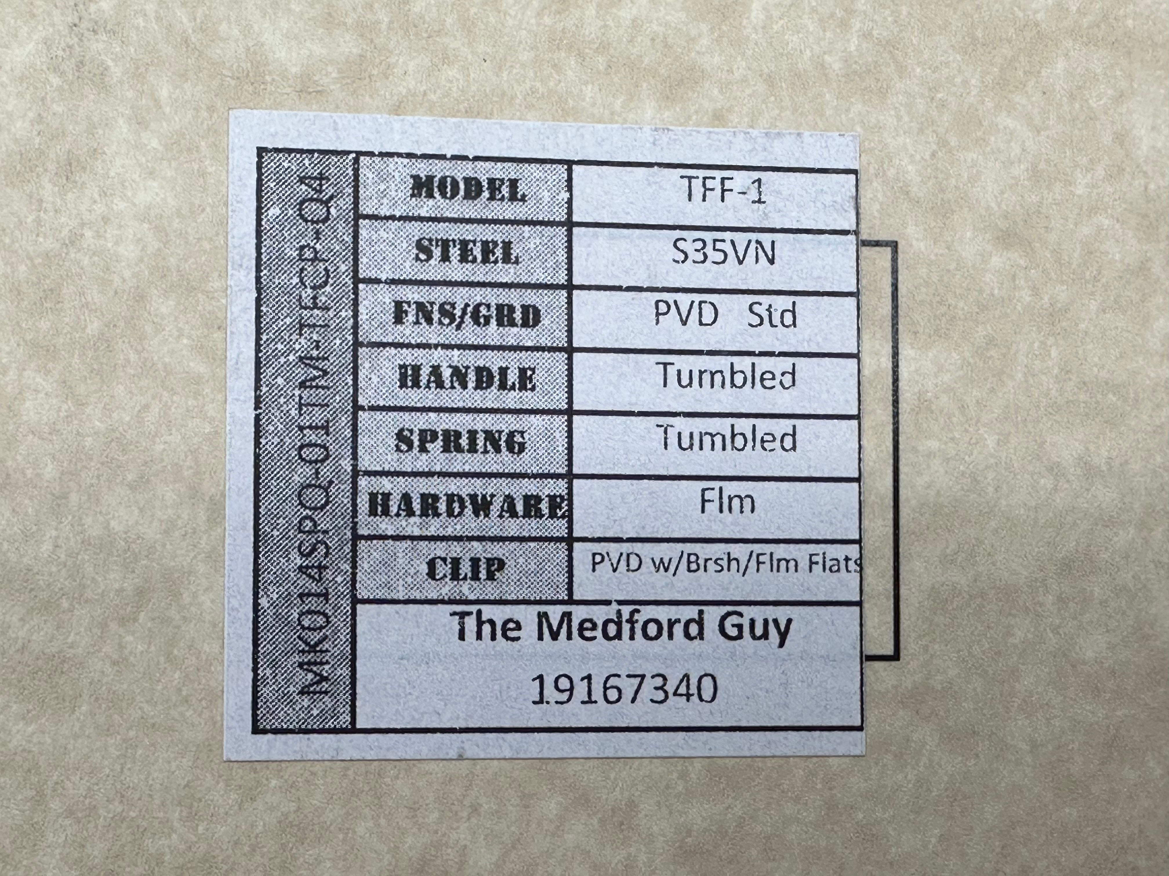 MEDFORD KNIVES TFF-1 S35VN PVD BLADE WITH TUMBLED HANDLE/ FLAMED CLIP & PIVOT