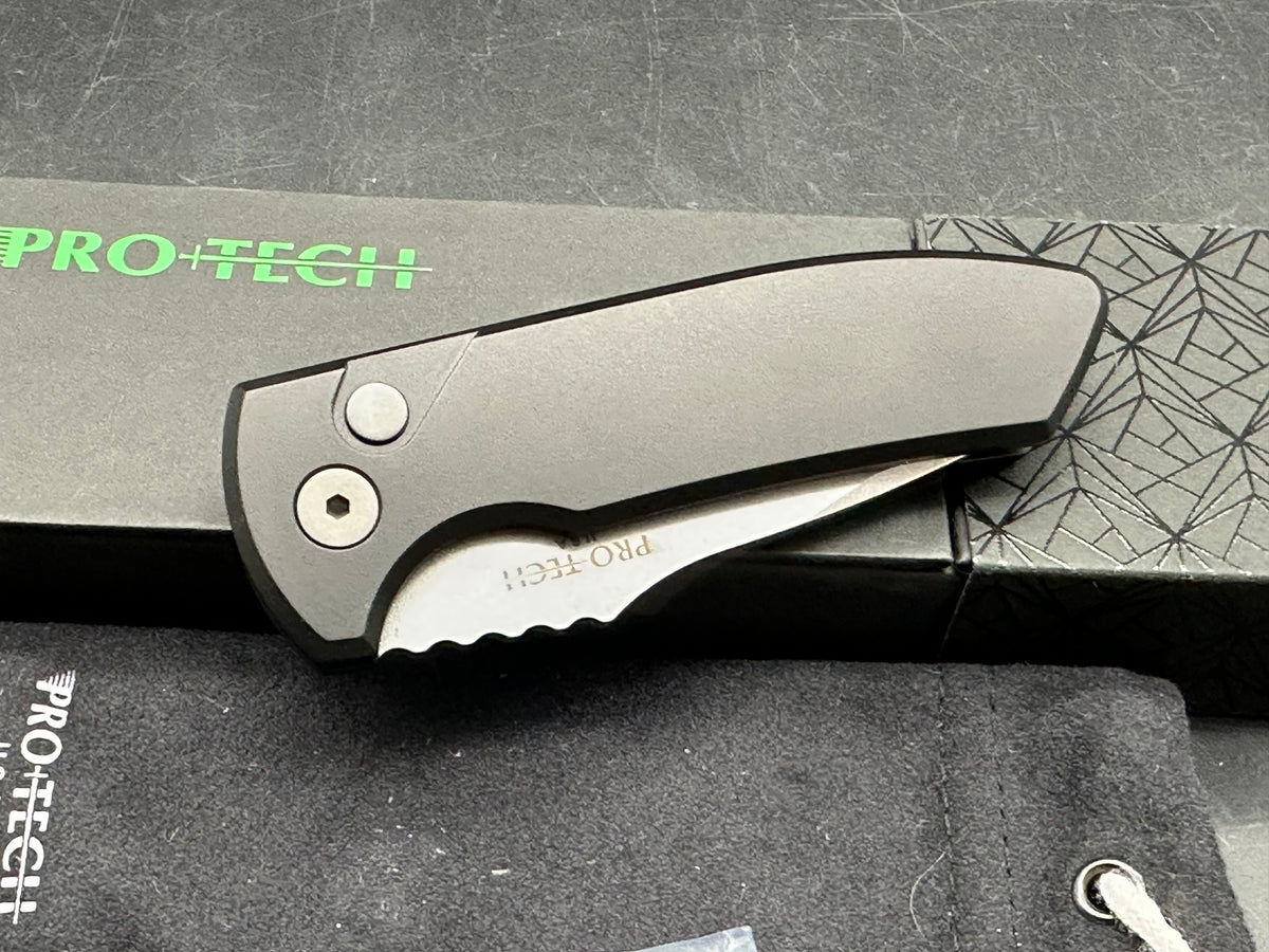 ProTech SBR-Auto, 2.625” CPM S35VN Stonewash Drop Point Blade with Black 6061 Aluminum Scales