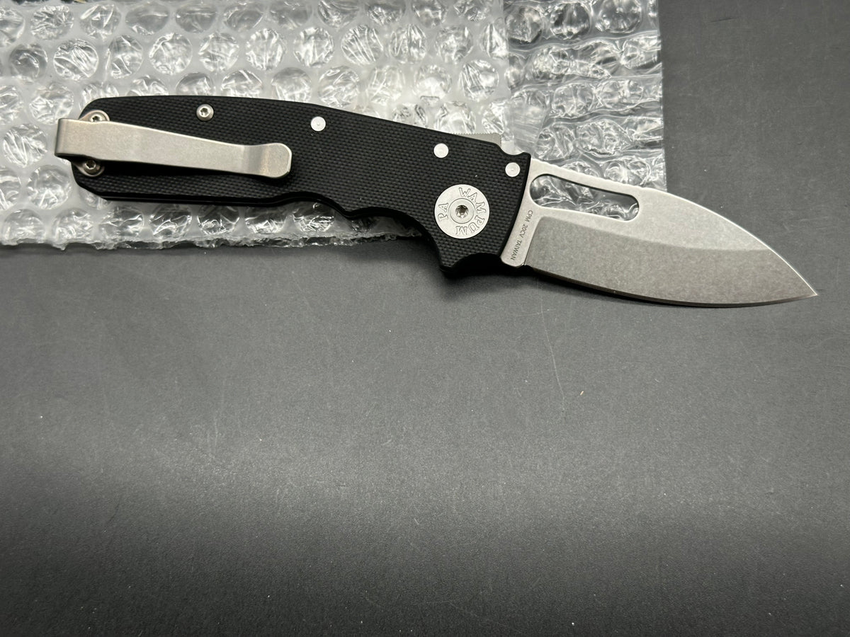 Demko Shark Cub, 2.75" CPM 20CV Stonewash Slicer Blade with Black G10 Scales plus Skiff Bearings Installed and Lynch NW Titanium Pocket Clip Installed