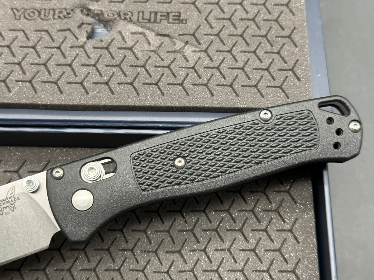 Benchmade Bugout-Custom, 3.24" MagnaCut Stonewash Drop point Blade with Black Grivory Scales