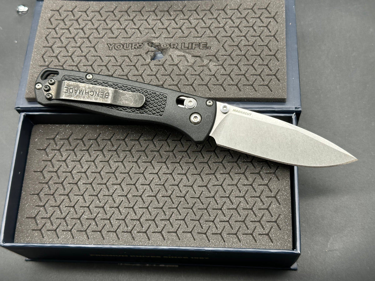 Benchmade Bugout-Custom, 3.24" MagnaCut Stonewash Drop point Blade with Black Grivory Scales
