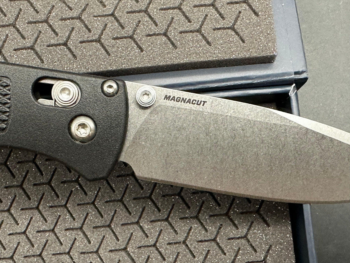 Benchmade Bugout-Custom, 3.24" MagnaCut Stonewash Drop point Blade with Black Grivory Scales
