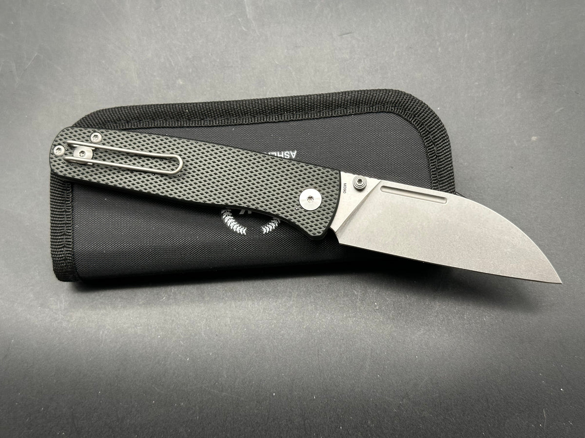 Asher WharnEDC, 3.2" M390 Stonewash Wharncliffe Blade with Textured Black Aluminum Scales