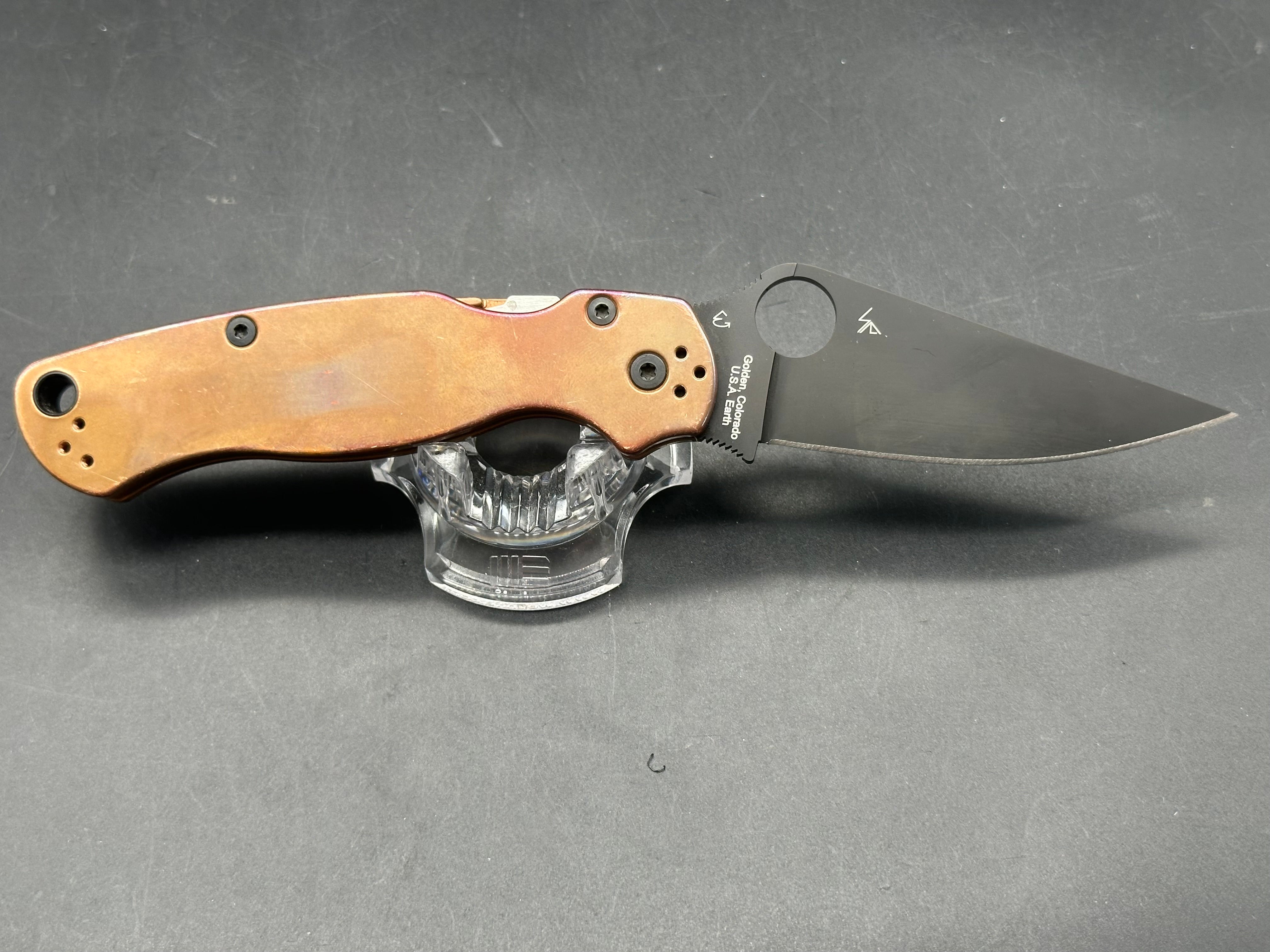 Spyderco PM2 CPM REX 45 Bronze Copper Scales, patina on scales