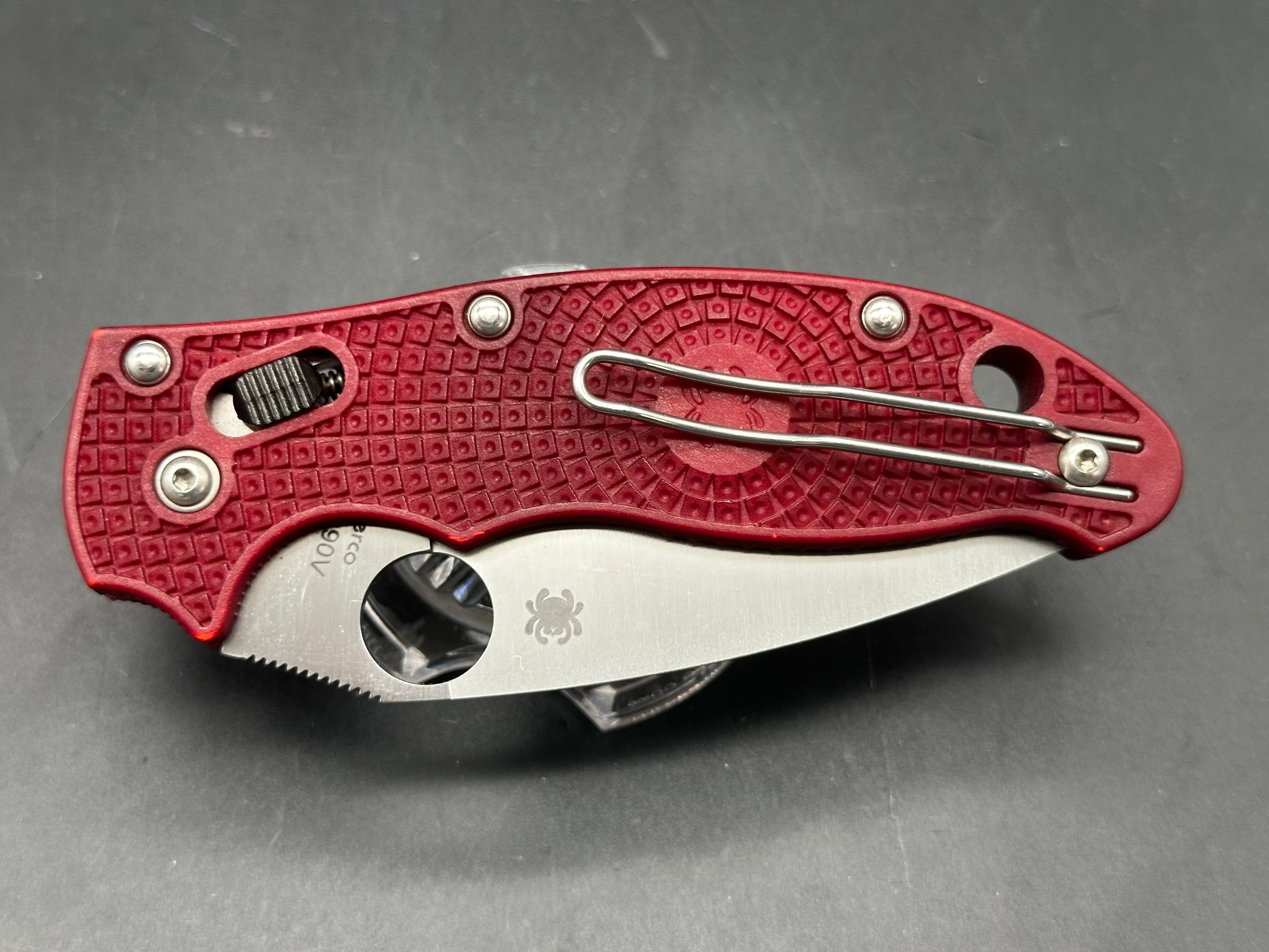 Spyerdco Manix 2 S90V steel with red RIT dyed FRN scales (original orange scaled model)