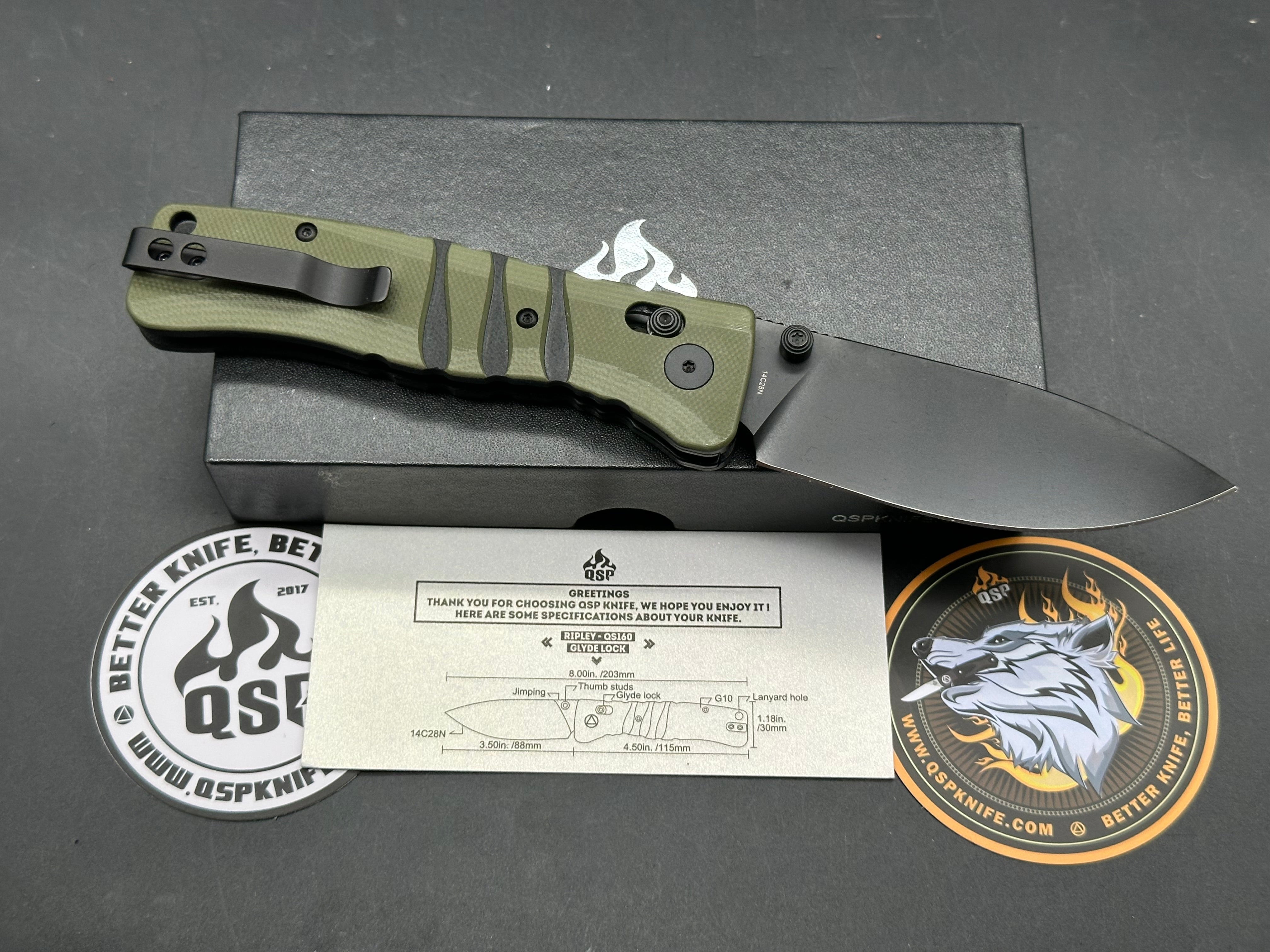 QSP Ripley Glyde Lock Knife Green G-10 (3.5" Black)